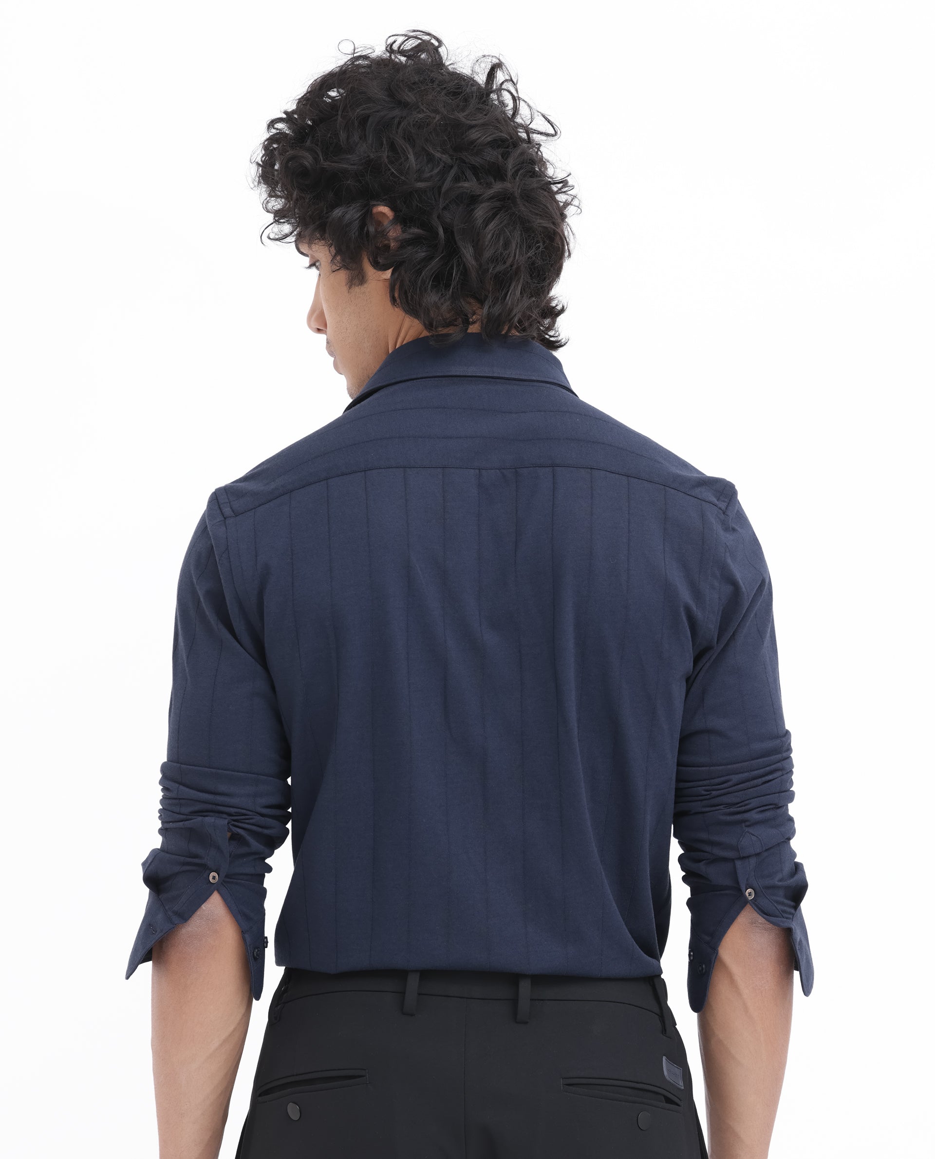 Rare Rabbit Mens Vert LS Navy Cotton Fabric Full Sleeves Solid Self Stripe Shirt