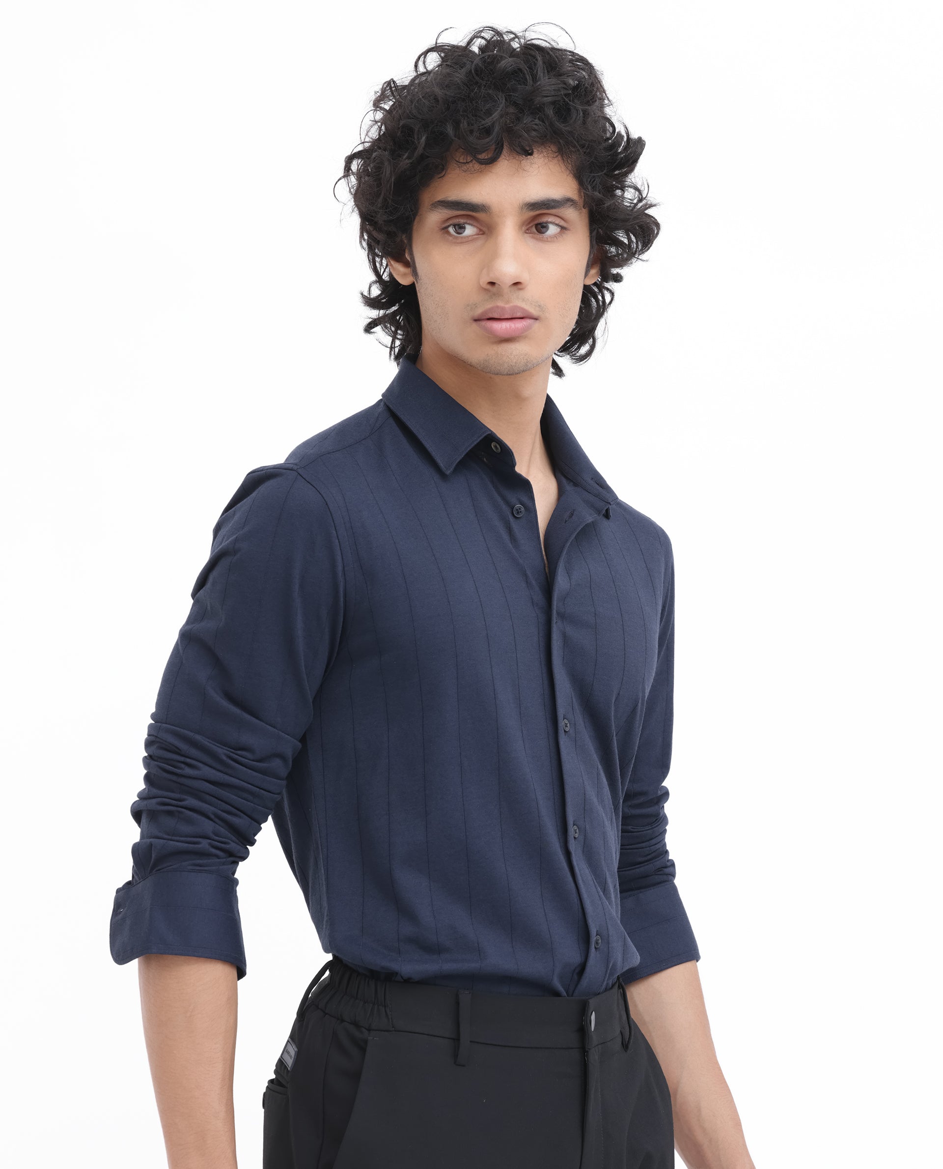 Rare Rabbit Mens Vert LS Navy Cotton Fabric Full Sleeves Solid Self Stripe Shirt