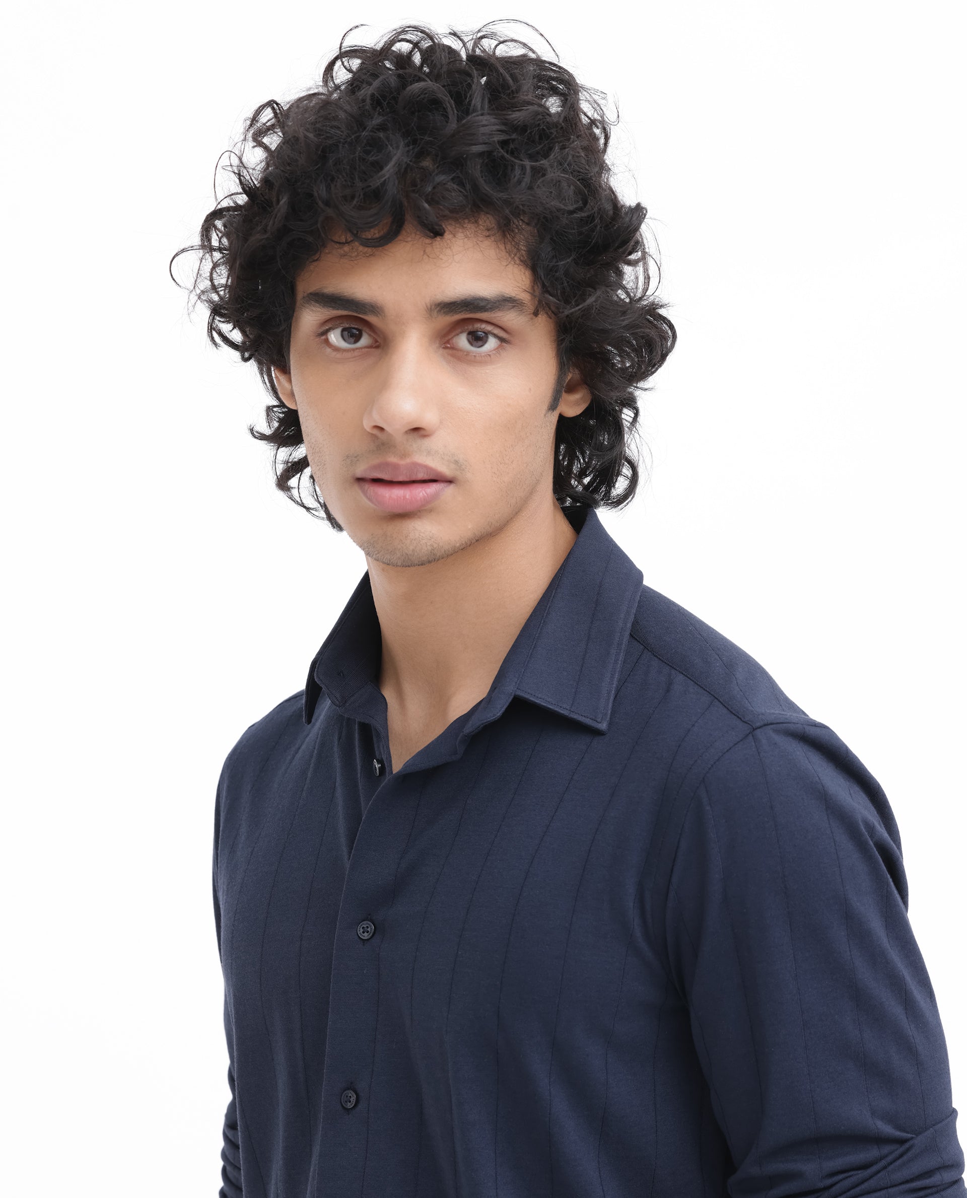 Rare Rabbit Mens Vert LS Navy Cotton Fabric Full Sleeves Solid Self Stripe Shirt