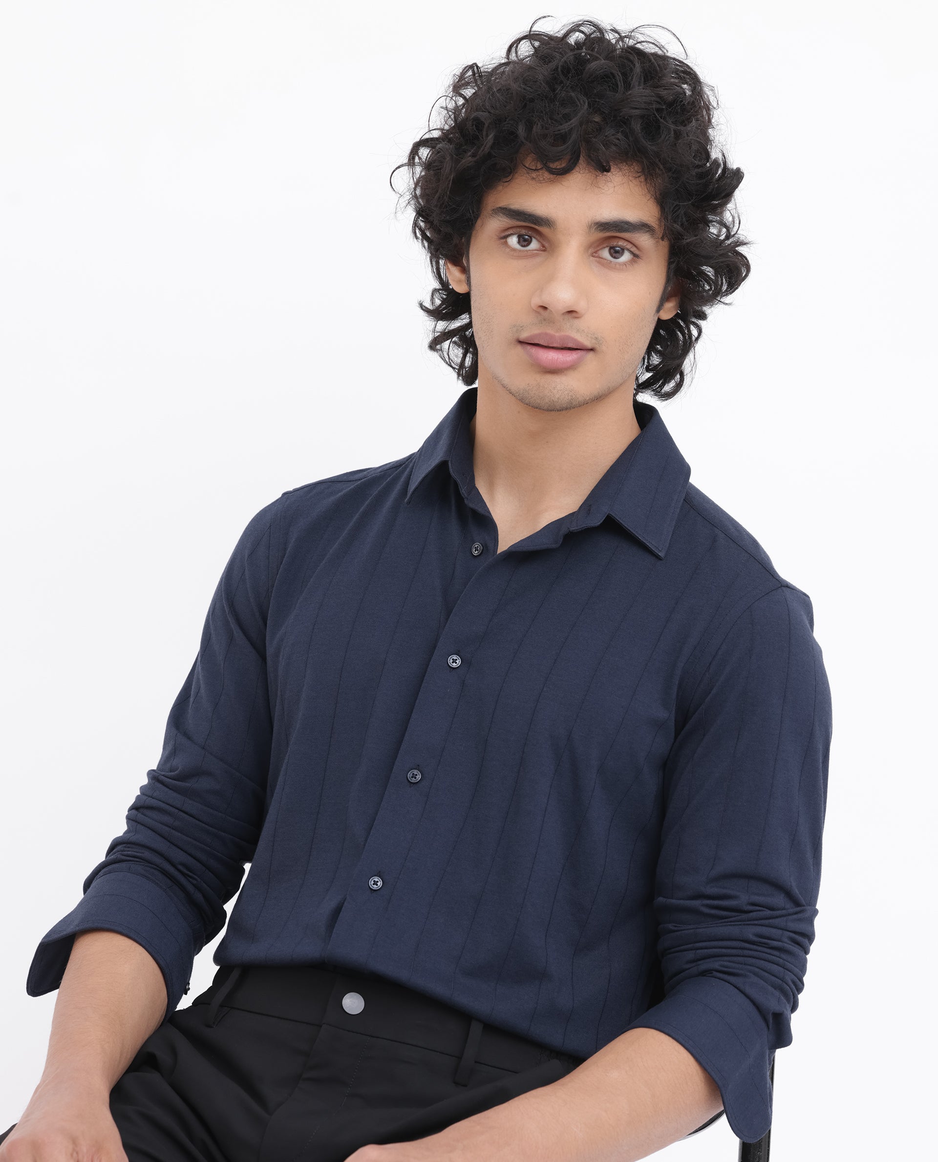 Rare Rabbit Mens Vert LS Navy Cotton Fabric Full Sleeves Solid Self Stripe Shirt