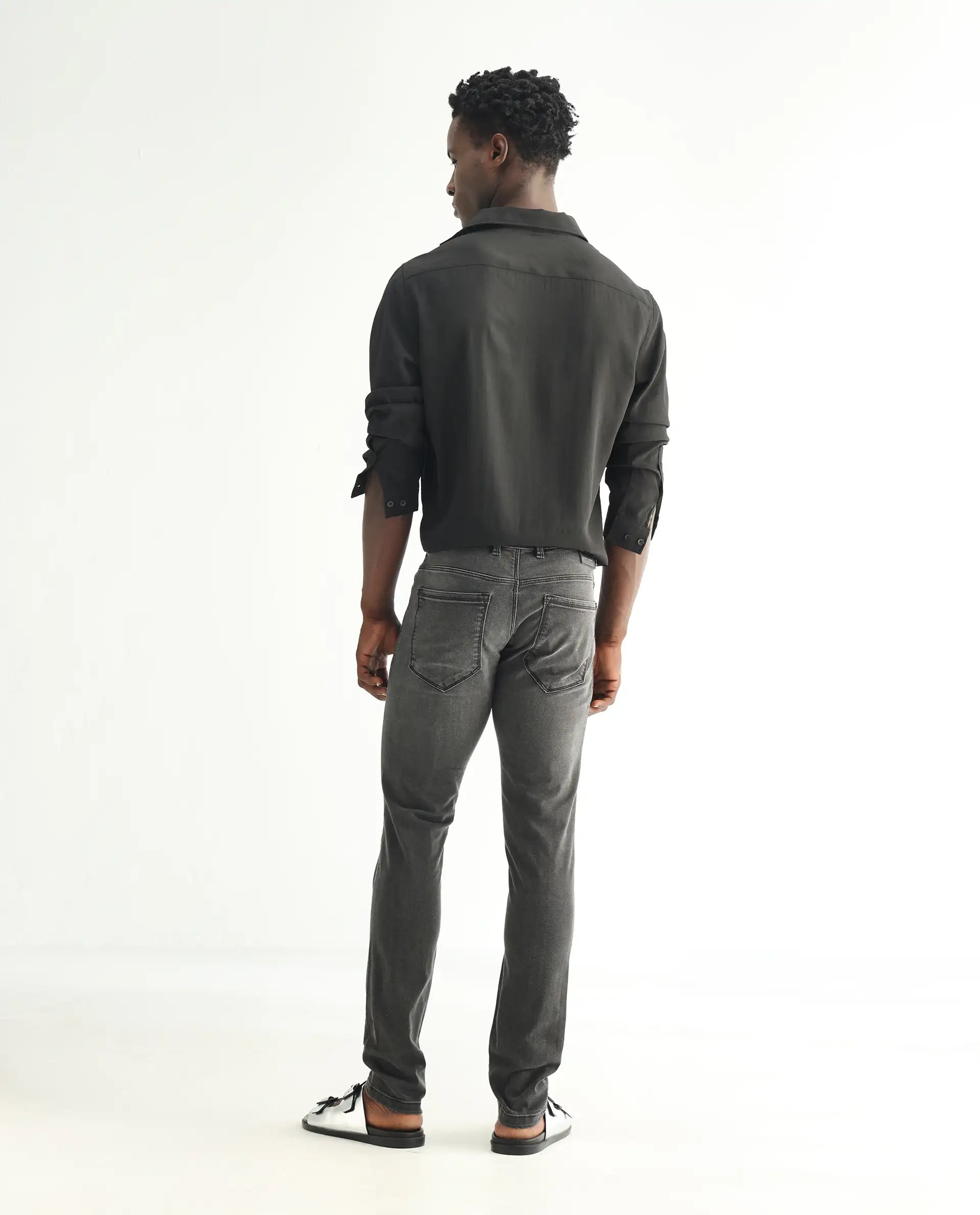 Rare Rabbit Men's Veu Grey Cotton Plain Hawk Slim Fit Jeans