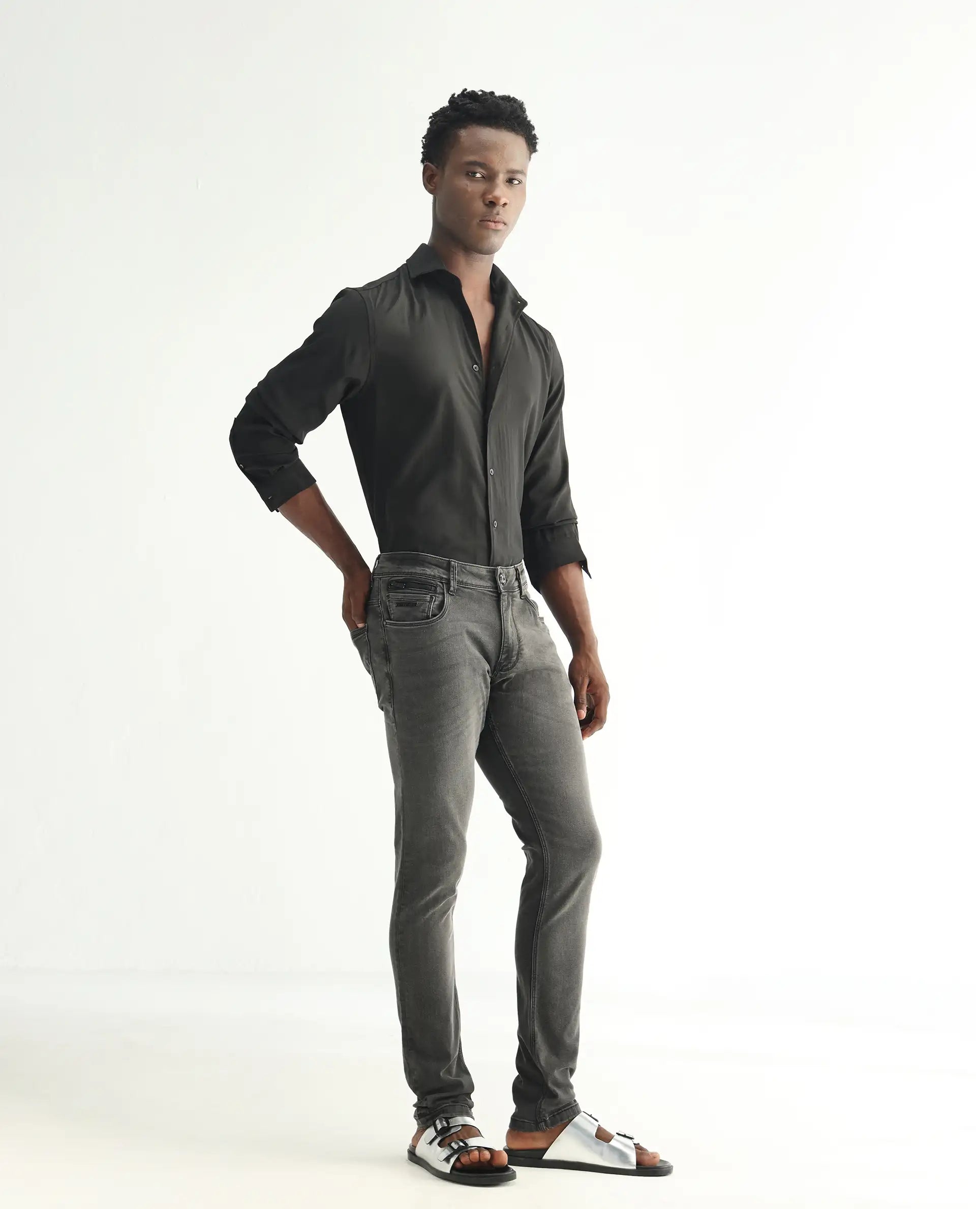 Rare Rabbit Men's Veu Grey Cotton Plain Hawk Slim Fit Jeans