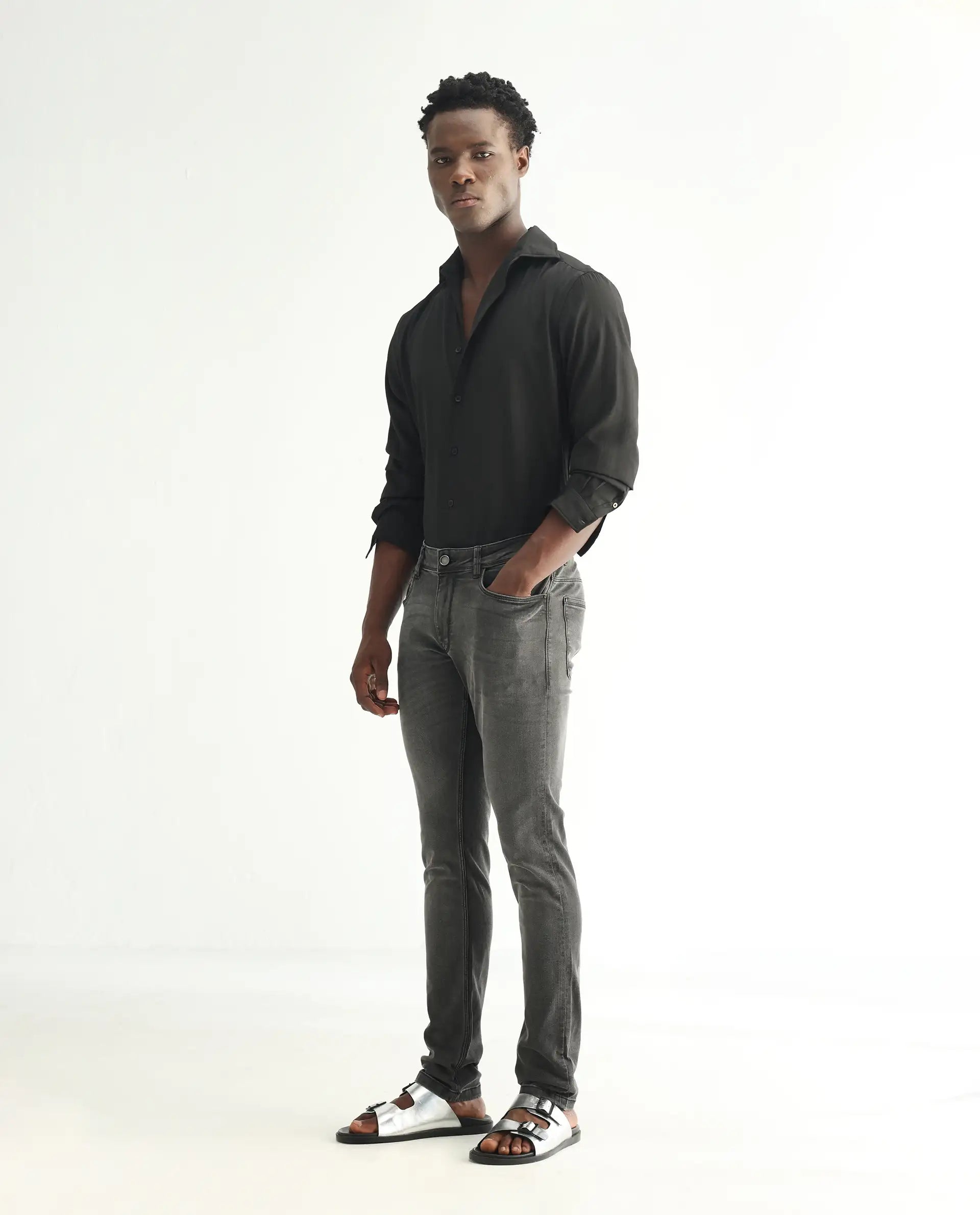 Rare Rabbit Men's Veu Grey Cotton Plain Hawk Slim Fit Jeans