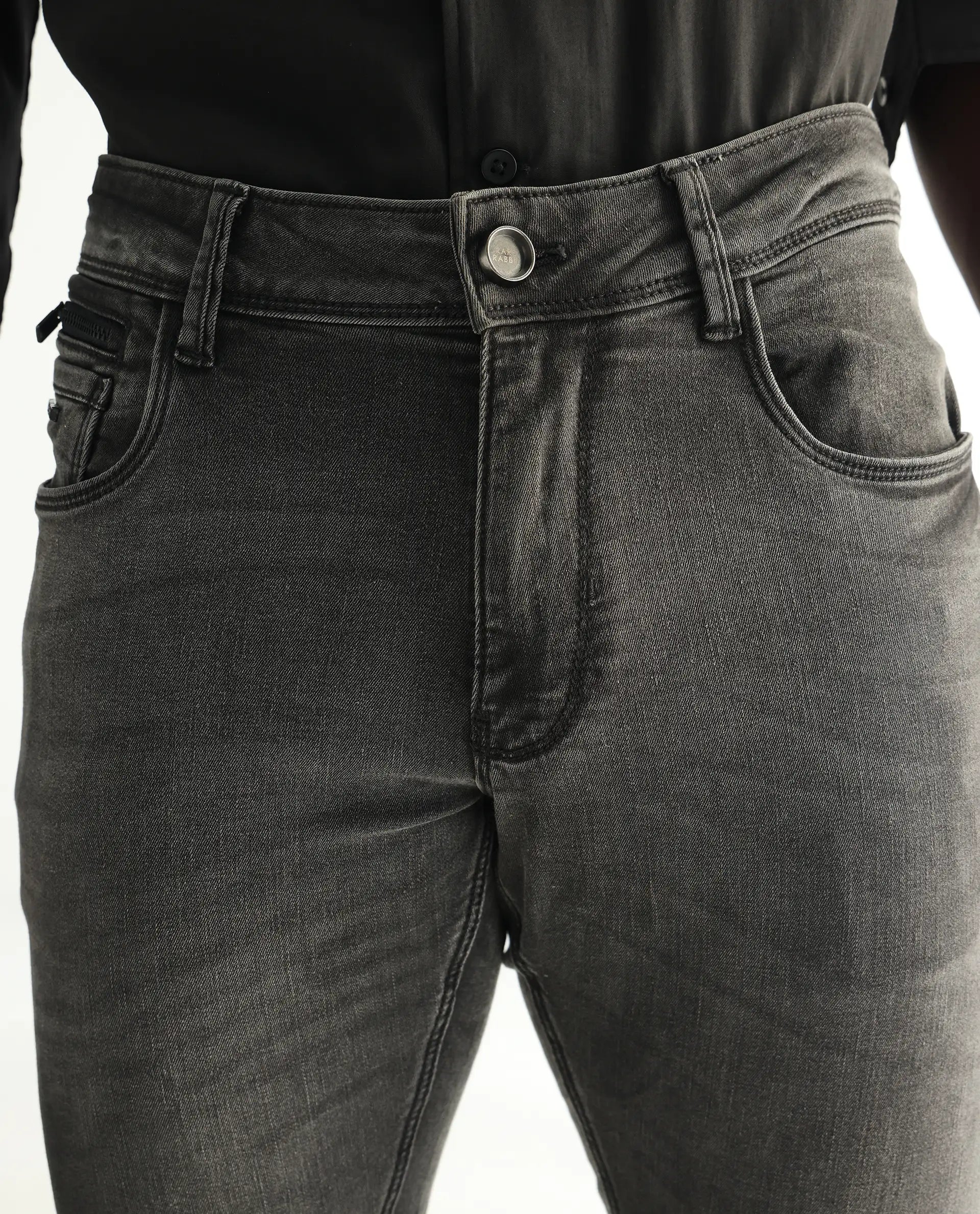 Rare Rabbit Men's Veu Grey Cotton Plain Hawk Slim Fit Jeans