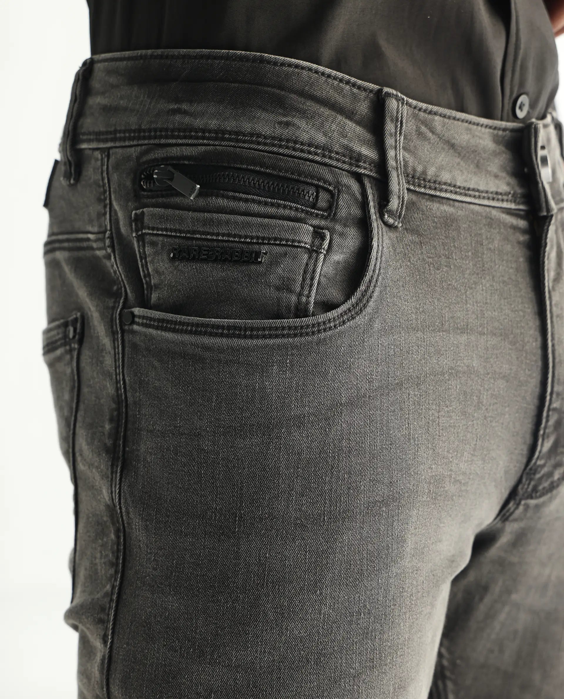 Rare Rabbit Men's Veu Grey Cotton Plain Hawk Slim Fit Jeans