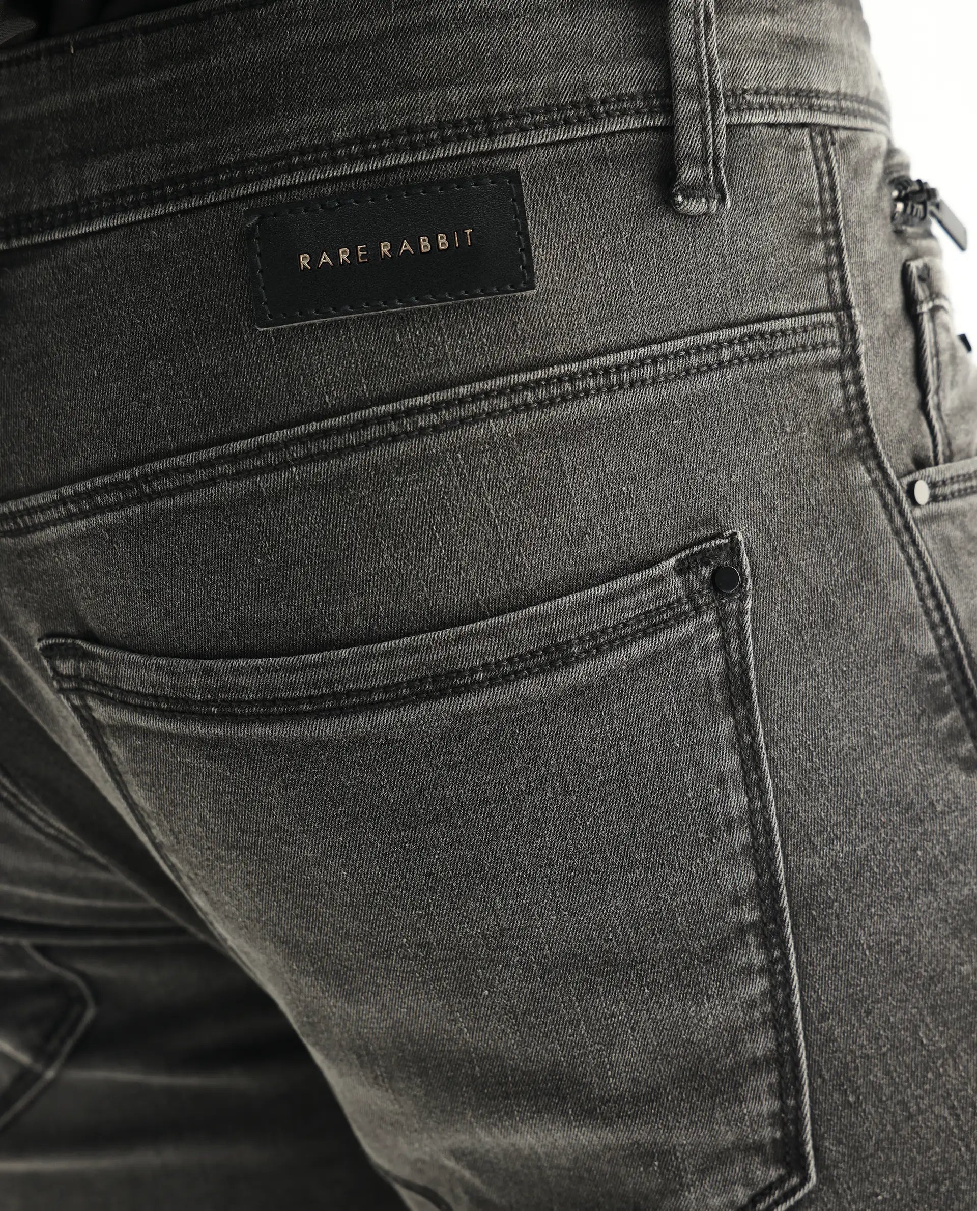 Rare Rabbit Men's Veu Grey Cotton Plain Hawk Slim Fit Jeans