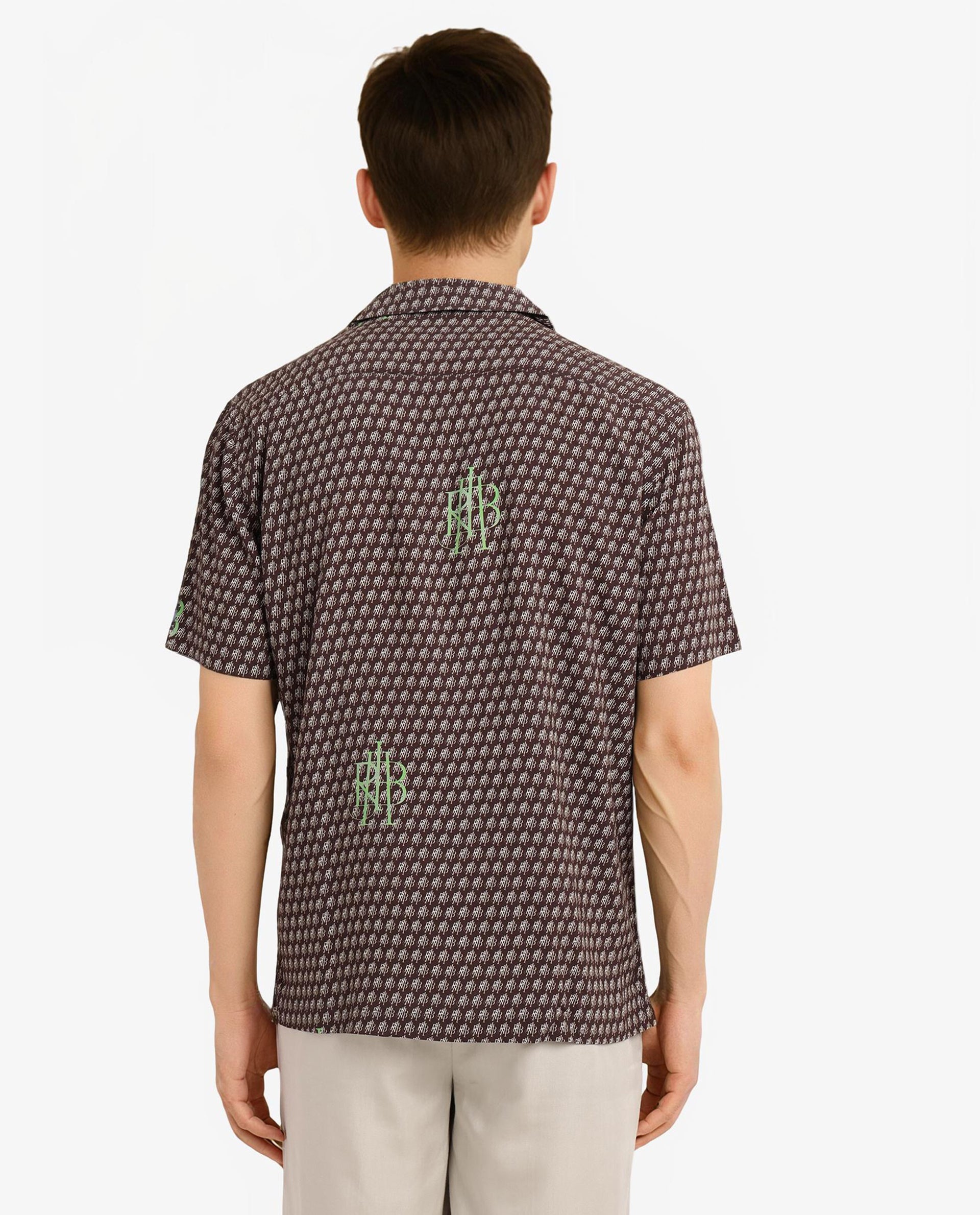 Rare Rabbit Men Vex Brown Viscose Fabric Short Sleeve Cuban Collar Boxy Fit Monogram Print Shirt