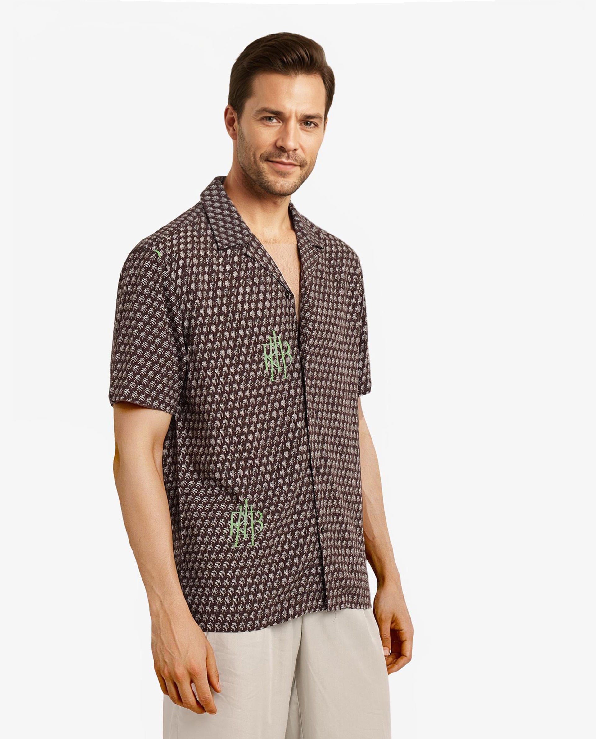 Rare Rabbit Men Vex Brown Viscose Fabric Short Sleeve Cuban Collar Boxy Fit Monogram Print Shirt