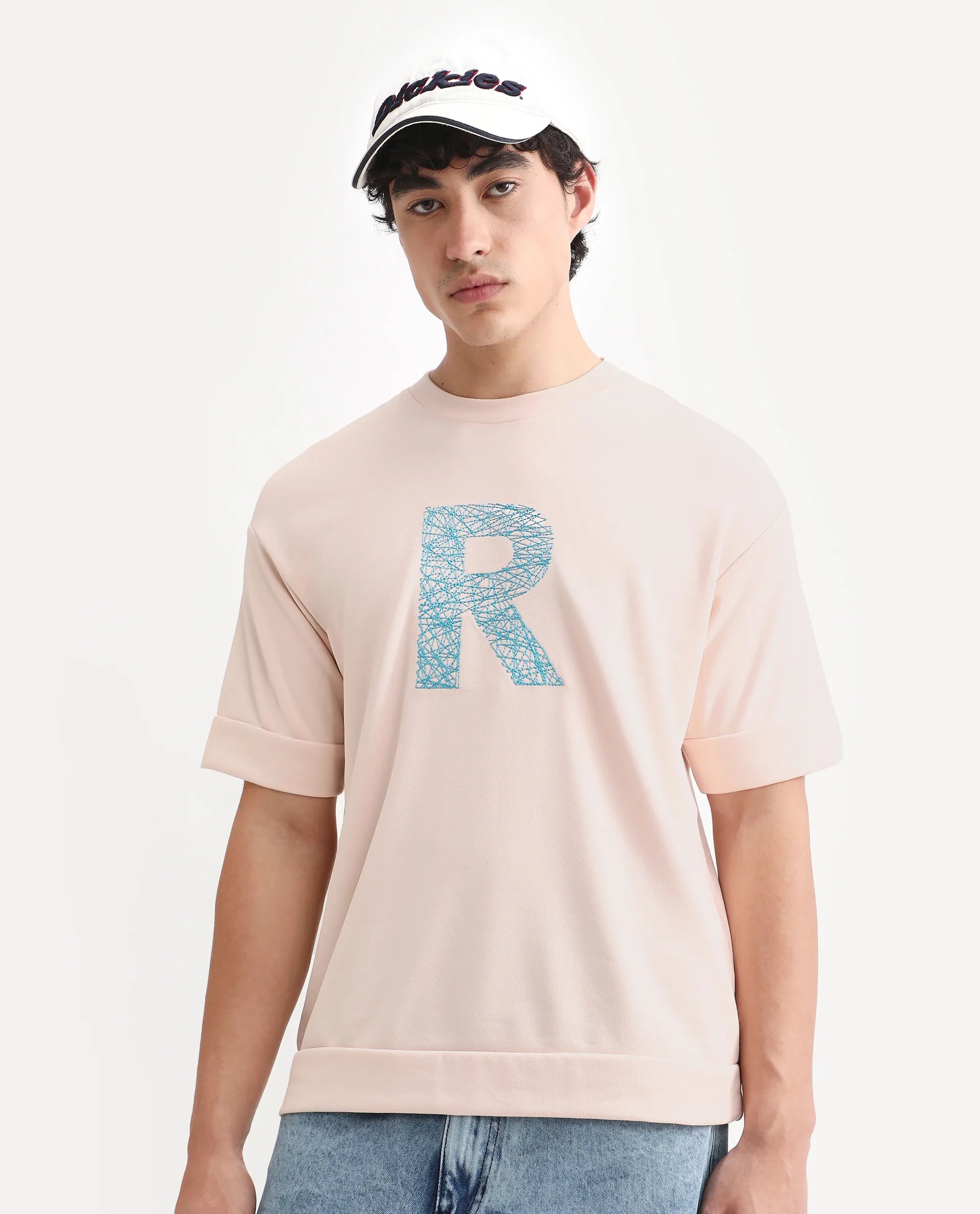 Rare Rabbit Men's Vexi Pastel Orange Cotton Blend Embroidered Oversized Fit Half Sleeve Crew Neck T-Shirt