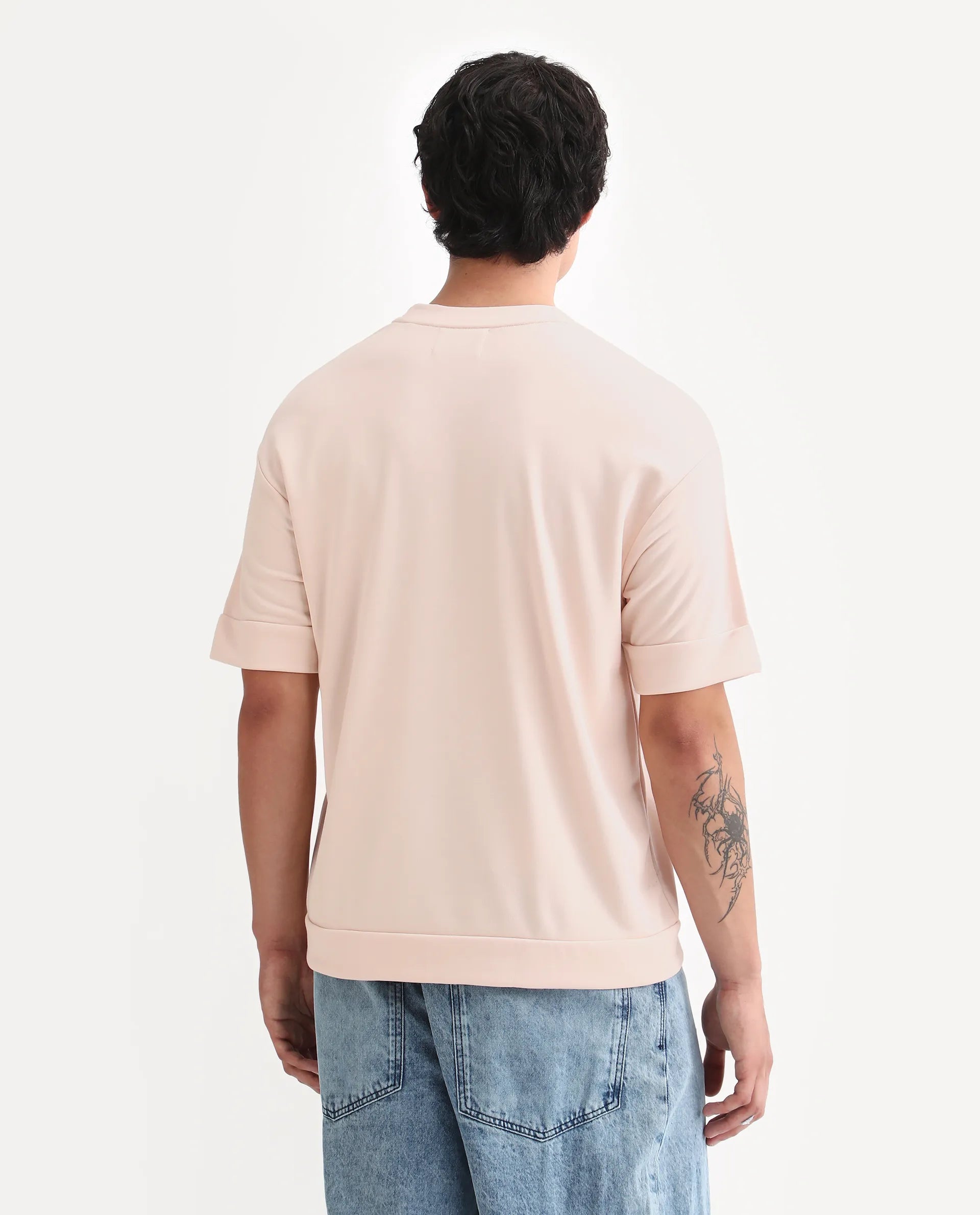 Rare Rabbit Men's Vexi Pastel Orange Cotton Blend Embroidered Oversized Fit Half Sleeve Crew Neck T-Shirt