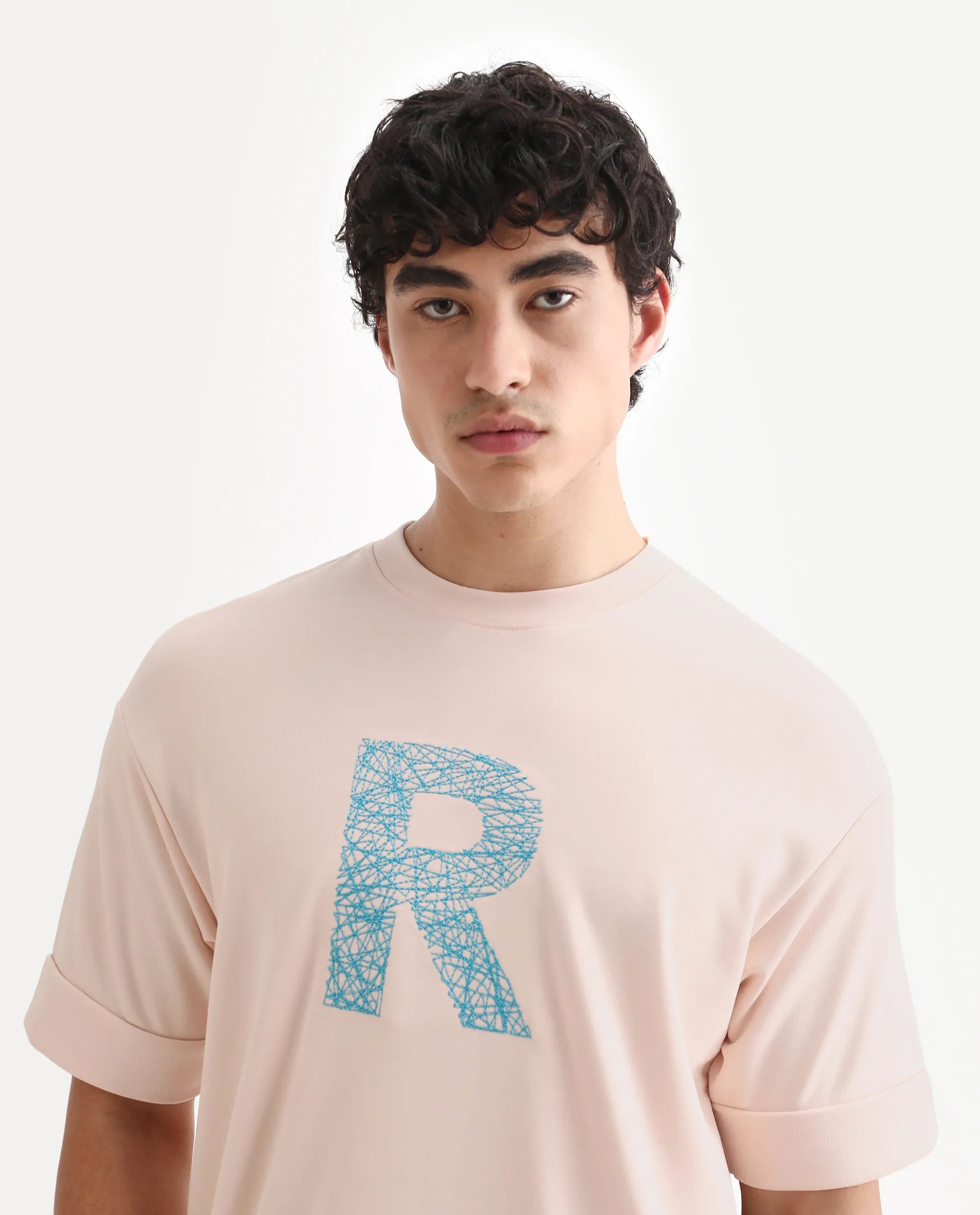 Rare Rabbit Men's Vexi Pastel Orange Cotton Blend Embroidered Oversized Fit Half Sleeve Crew Neck T-Shirt