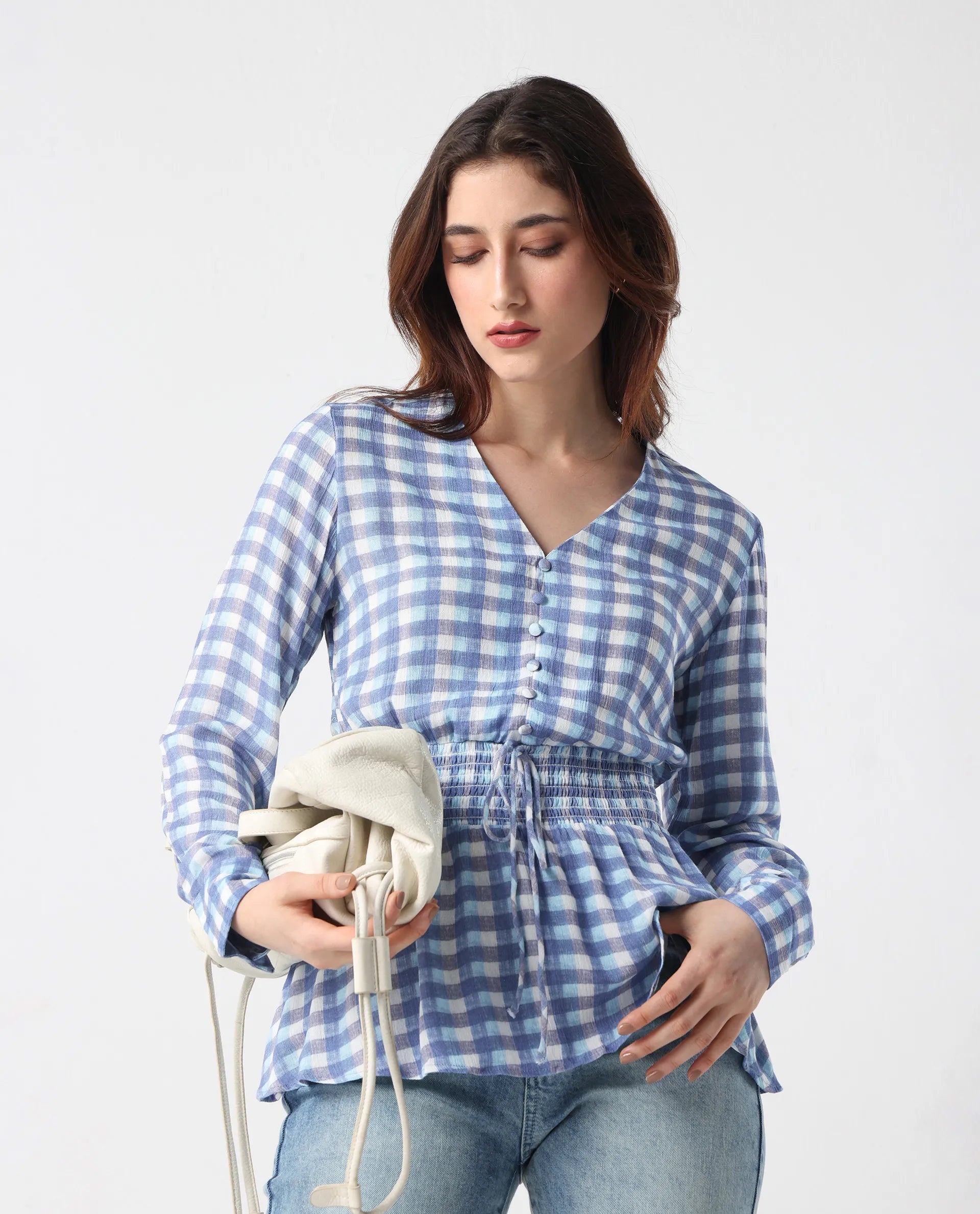 Rareism Women's Vibooy Blue Rayon V-Neck Flannel Print Cuffed Sleeve Regular Fit Top