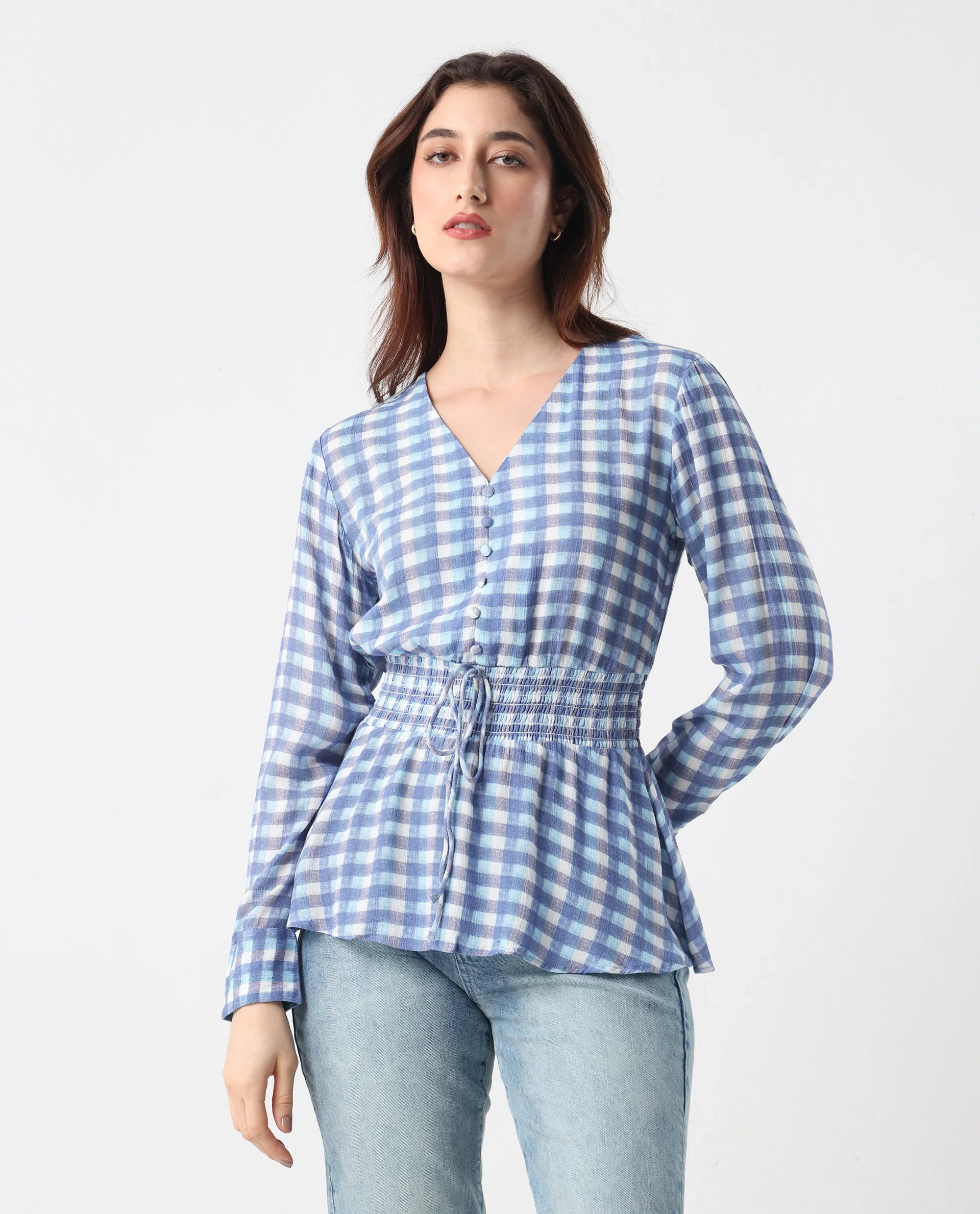 Rareism Women's Vibooy Blue Rayon V-Neck Flannel Print Cuffed Sleeve Regular Fit Top