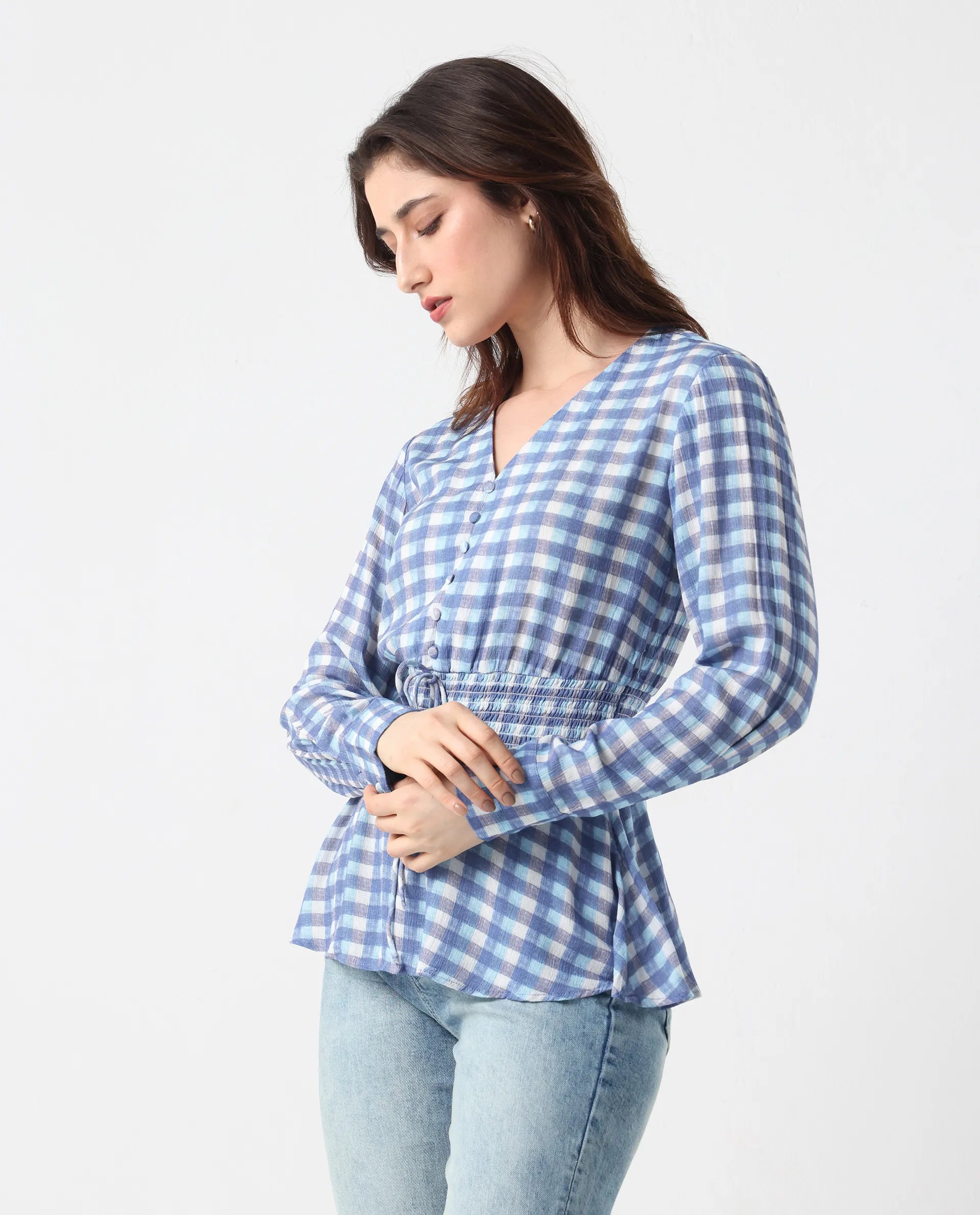 Rareism Women's Vibooy Blue Rayon V-Neck Flannel Print Cuffed Sleeve Regular Fit Top