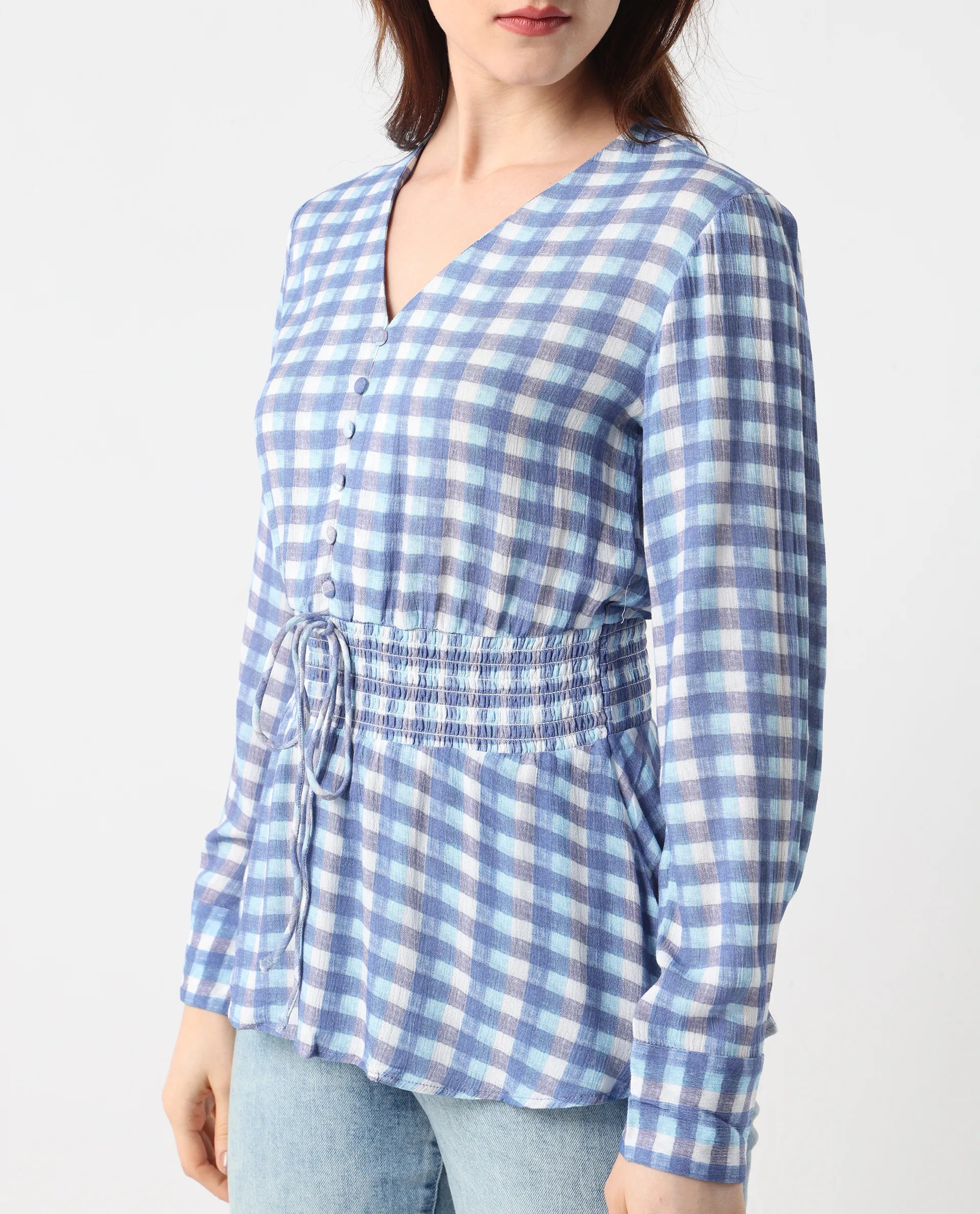 Rareism Women's Vibooy Blue Rayon V-Neck Flannel Print Cuffed Sleeve Regular Fit Top