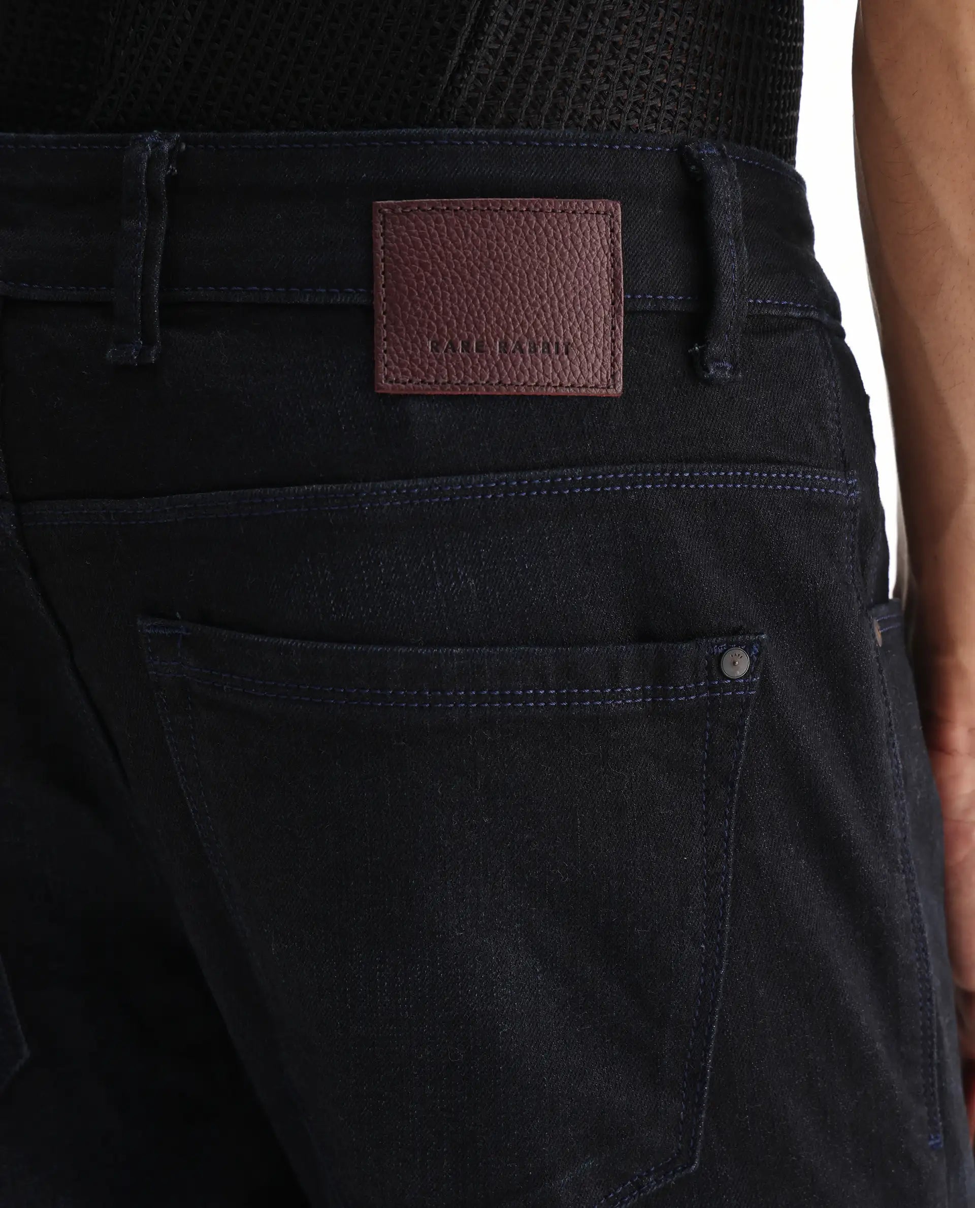 Rare Rabbit Men's Victo Navy Cotton Plain Hawk Slim Fit Jeans