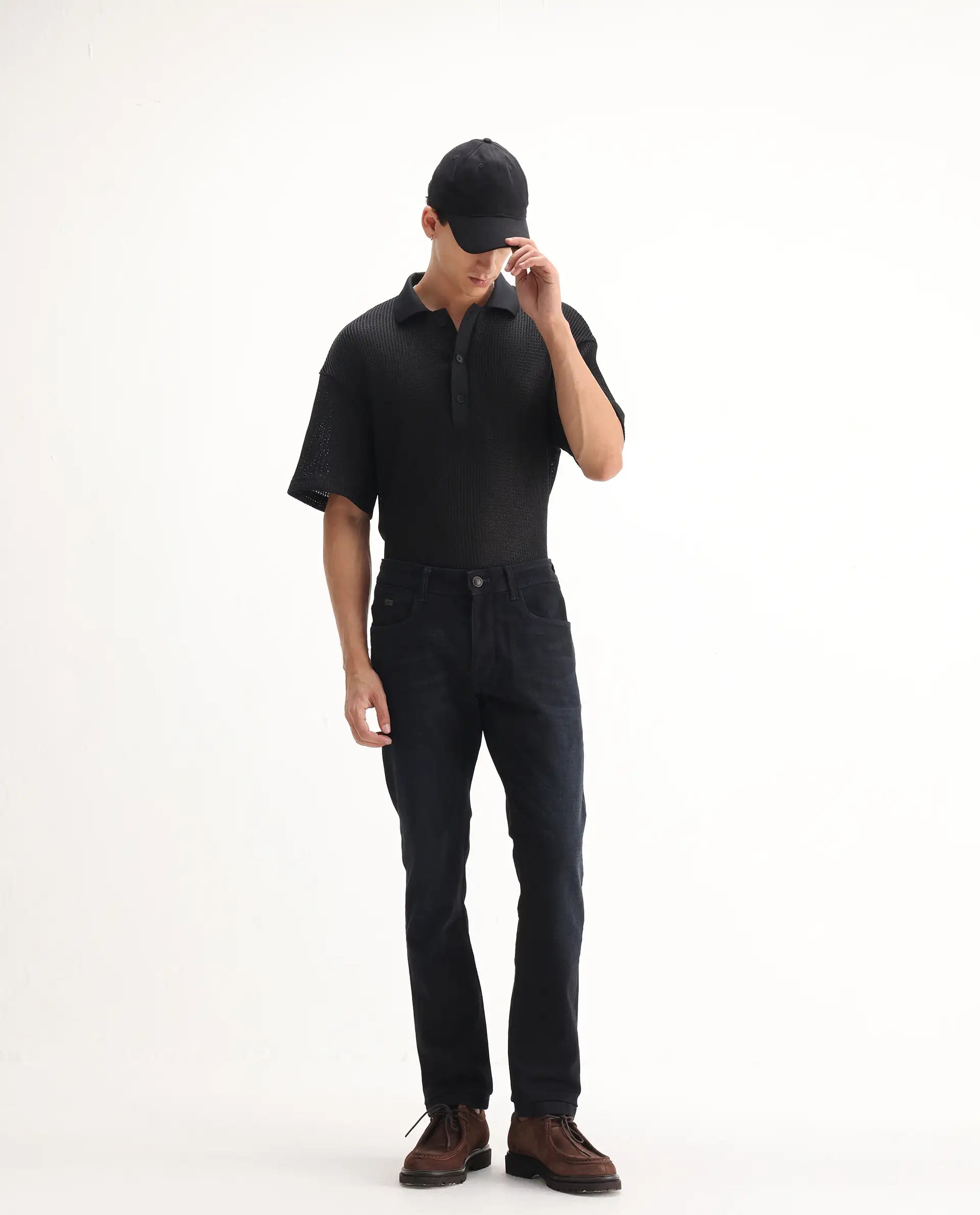 Rare Rabbit Men's Victo Navy Cotton Plain Hawk Slim Fit Jeans