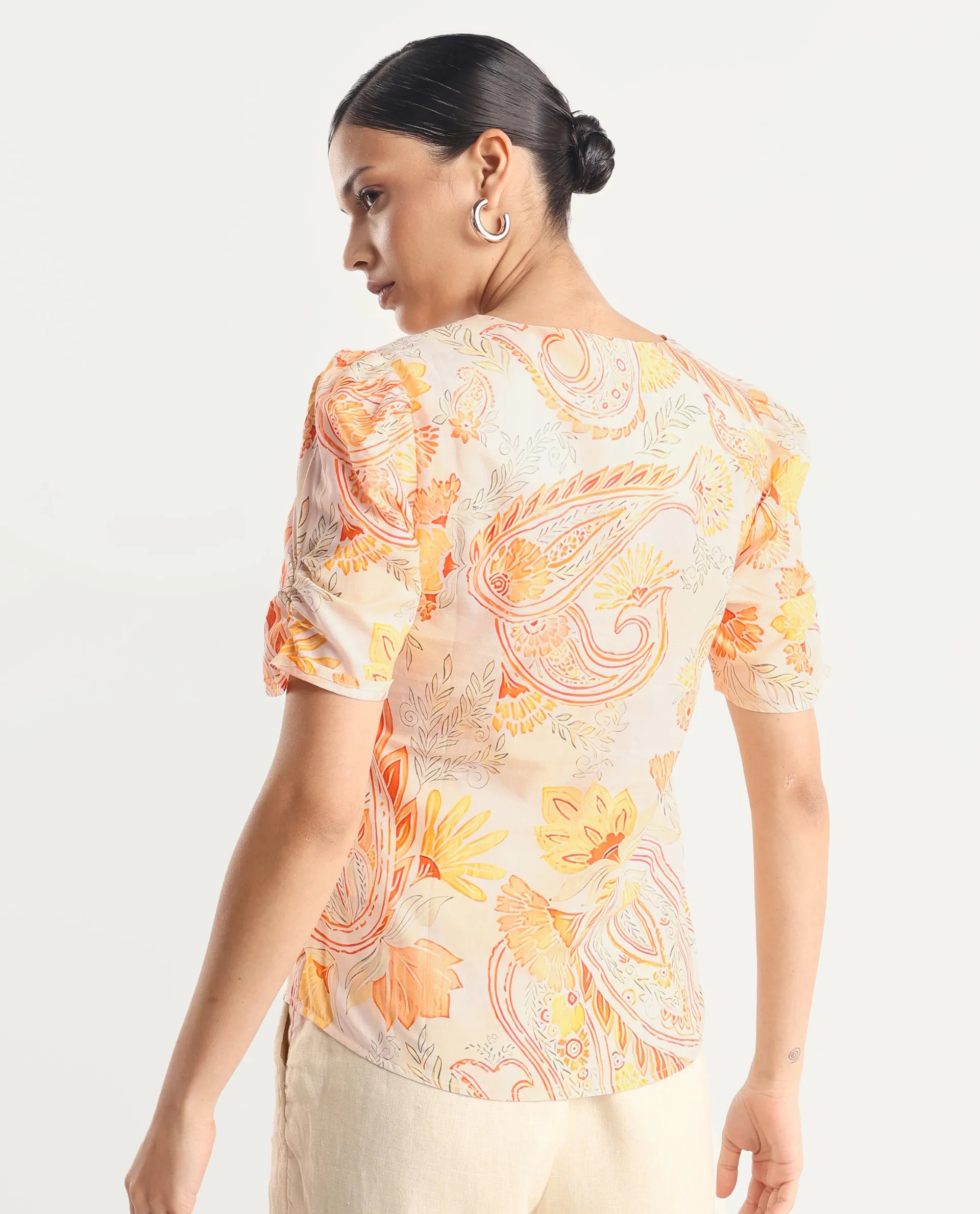 Rareism Women's Vigeveno Light Multi Cotton V-Neck Paisley Print Puff Sleeves Regular Fit Top