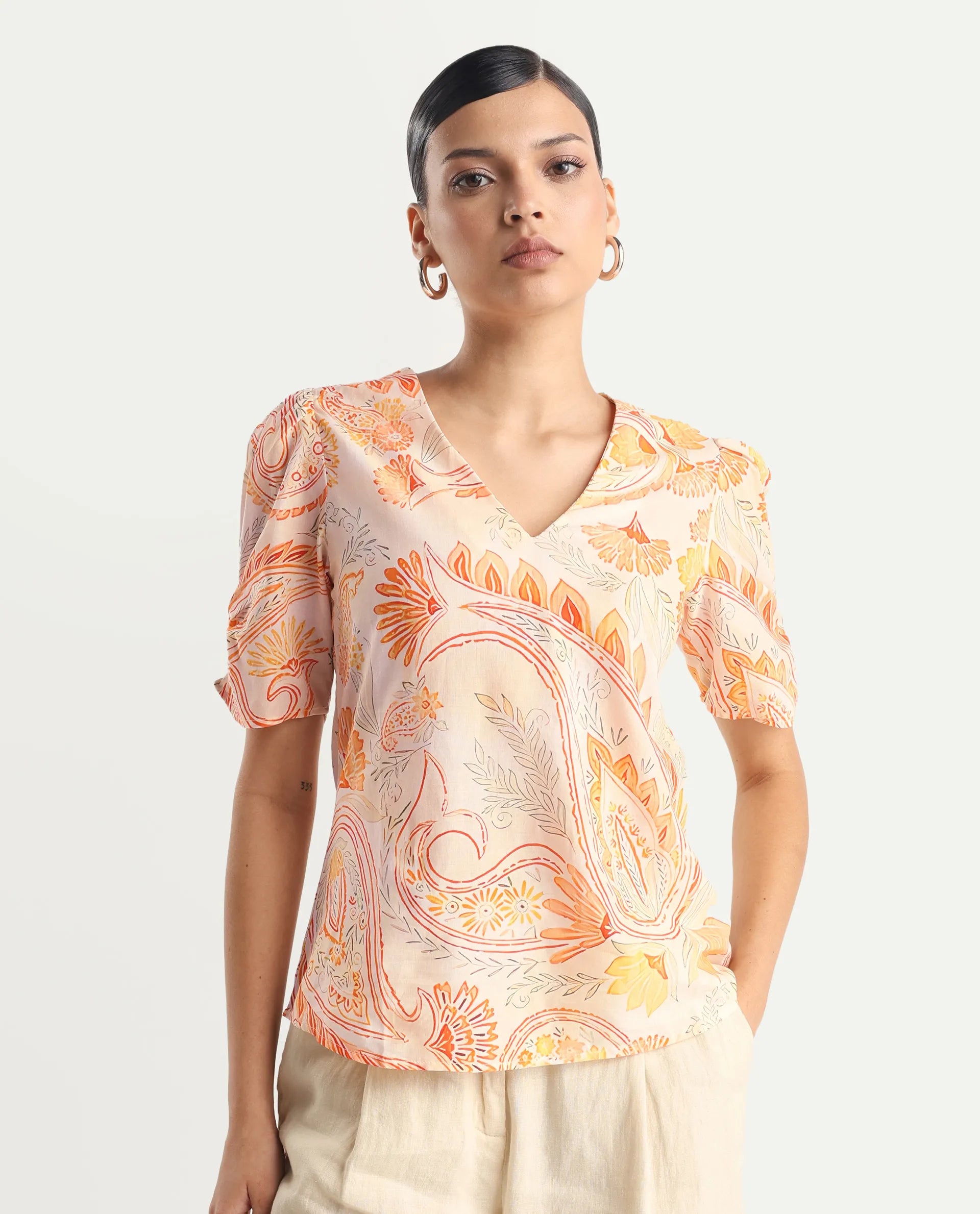 Rareism Women's Vigeveno Light Multi Cotton V-Neck Paisley Print Puff Sleeves Regular Fit Top