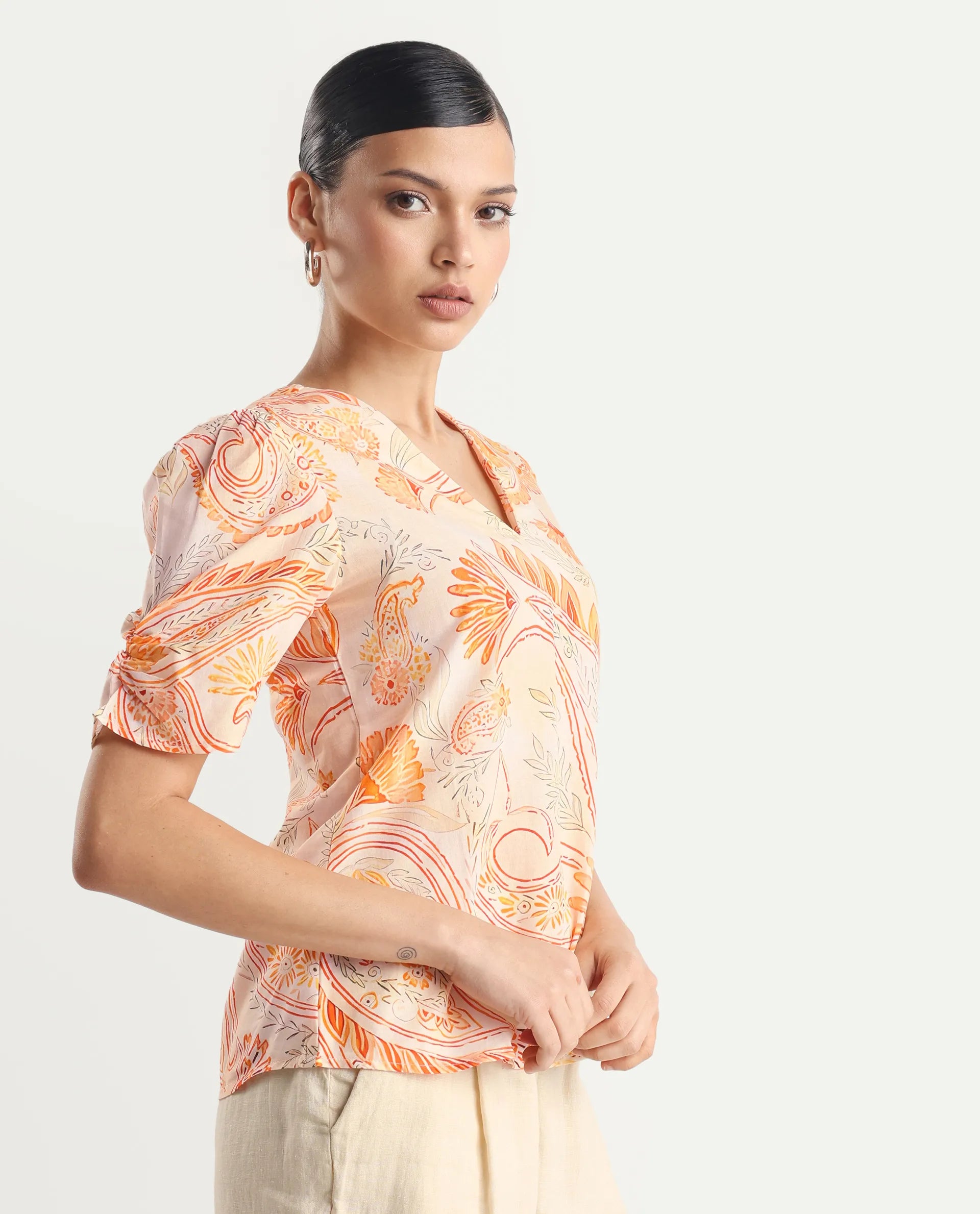 Rareism Women's Vigeveno Light Multi Cotton V-Neck Paisley Print Puff Sleeves Regular Fit Top