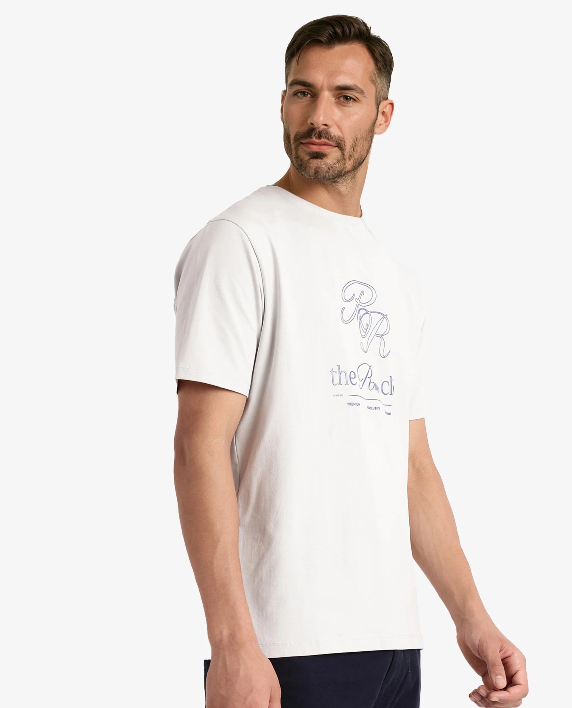 Rare Rabbit Men Vin Dusky Grey Cotton Lycra Fabric Short Sleeve Crew Neck Regular Fit HD Print T-Shirt