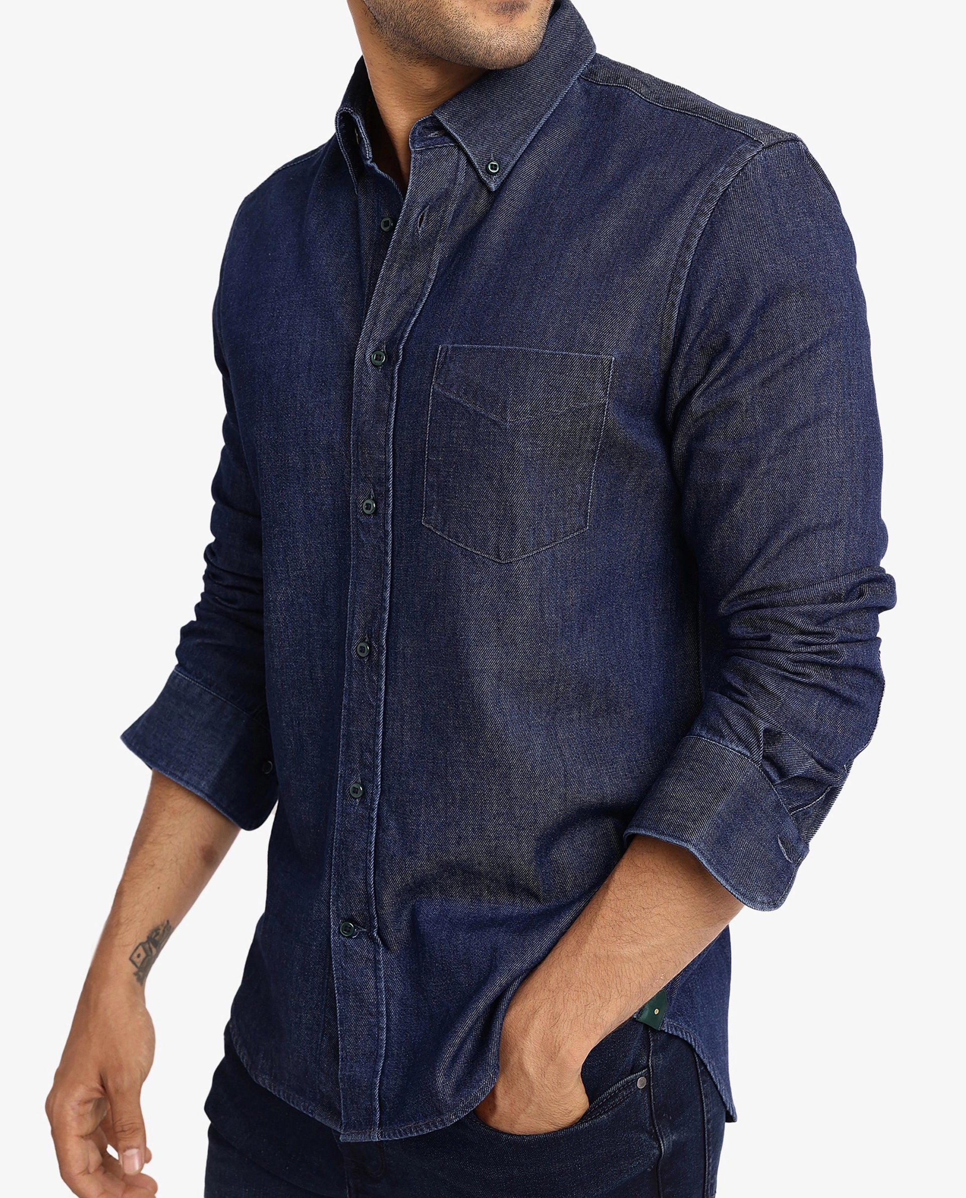 Rare Rabbit Men Vintro Dark Blue Full Sleeve Regular Fit Denim Shirt