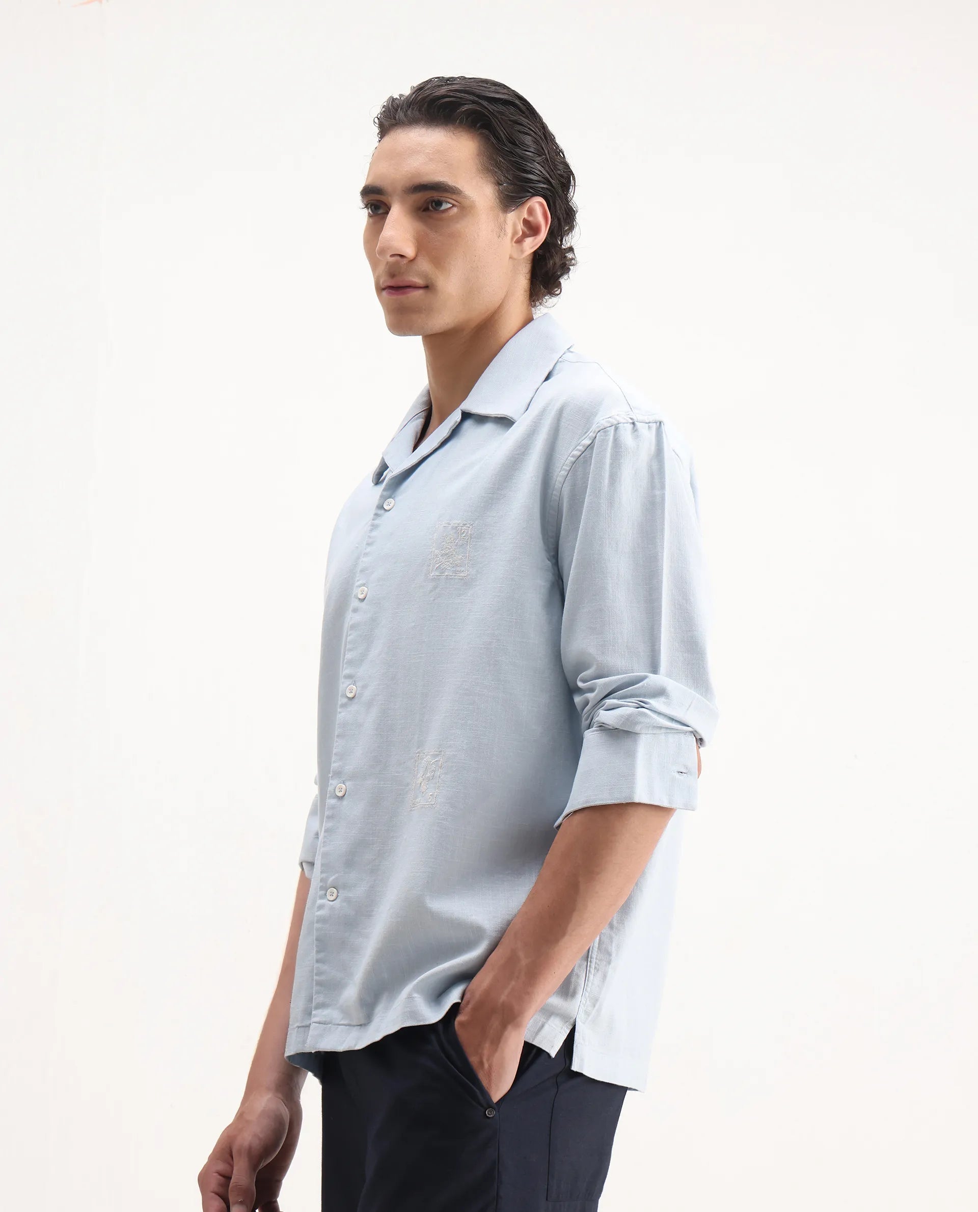 Rare Rabbit Men's Virton Light Blue Cotton Embroidered Regular Fit Full Sleeve Cuban Collar Shirt