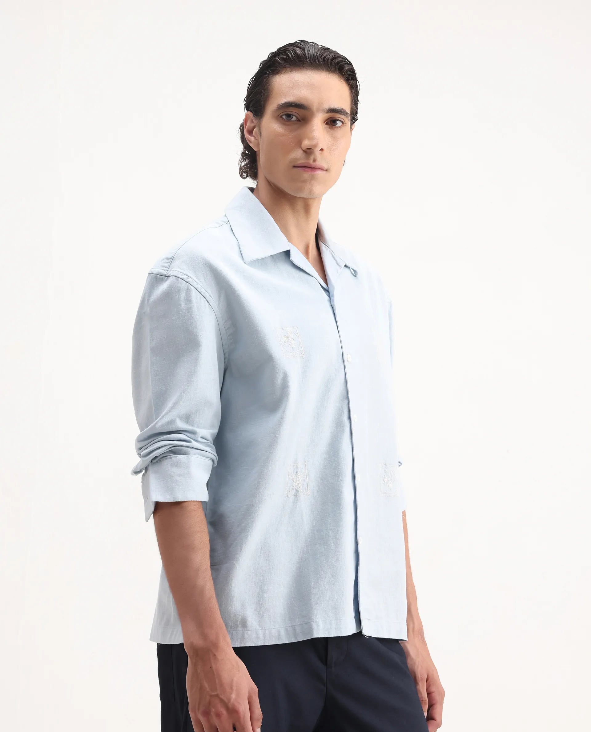 Rare Rabbit Men's Virton Light Blue Cotton Embroidered Regular Fit Full Sleeve Cuban Collar Shirt