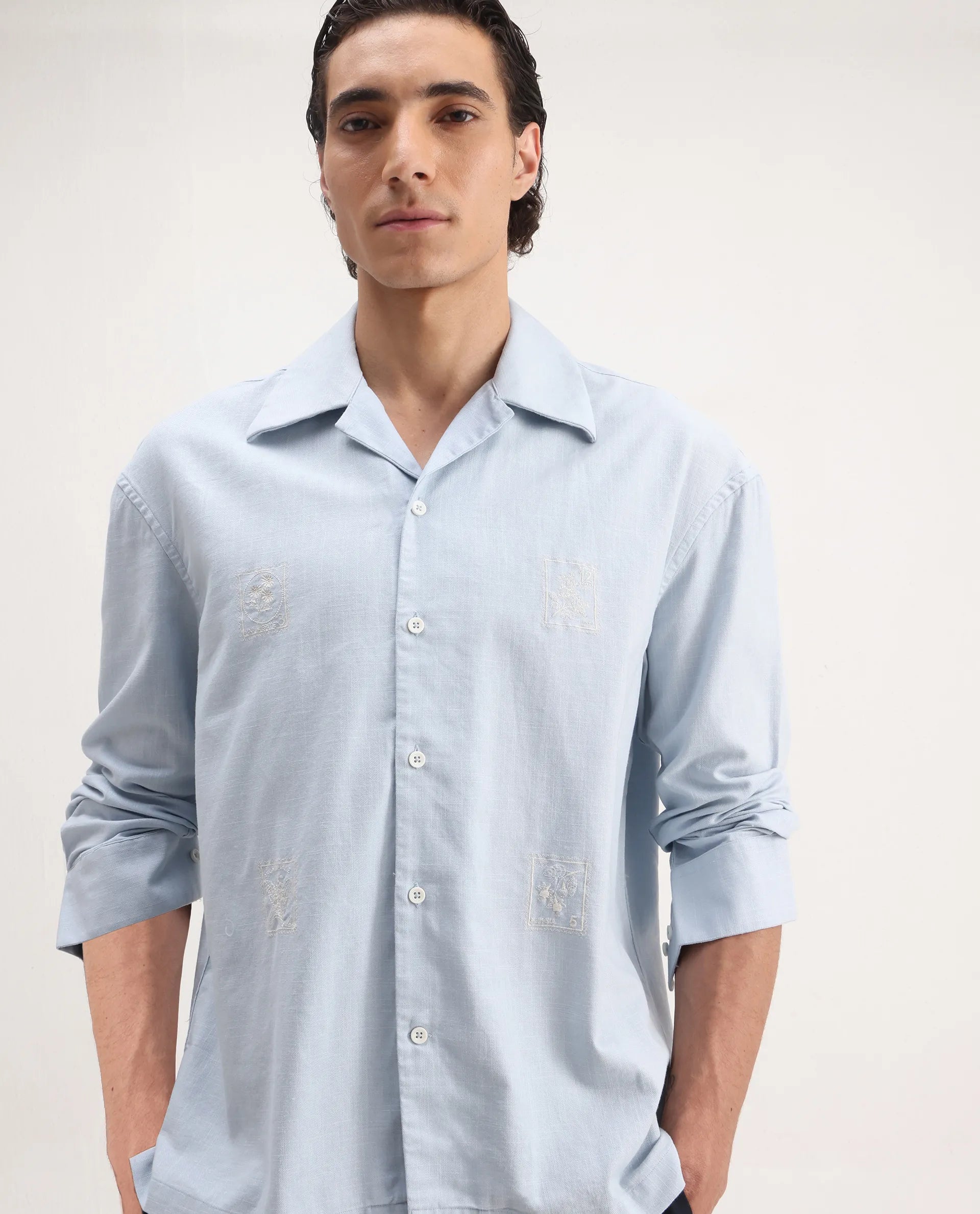 Rare Rabbit Men's Virton Light Blue Cotton Embroidered Regular Fit Full Sleeve Cuban Collar Shirt