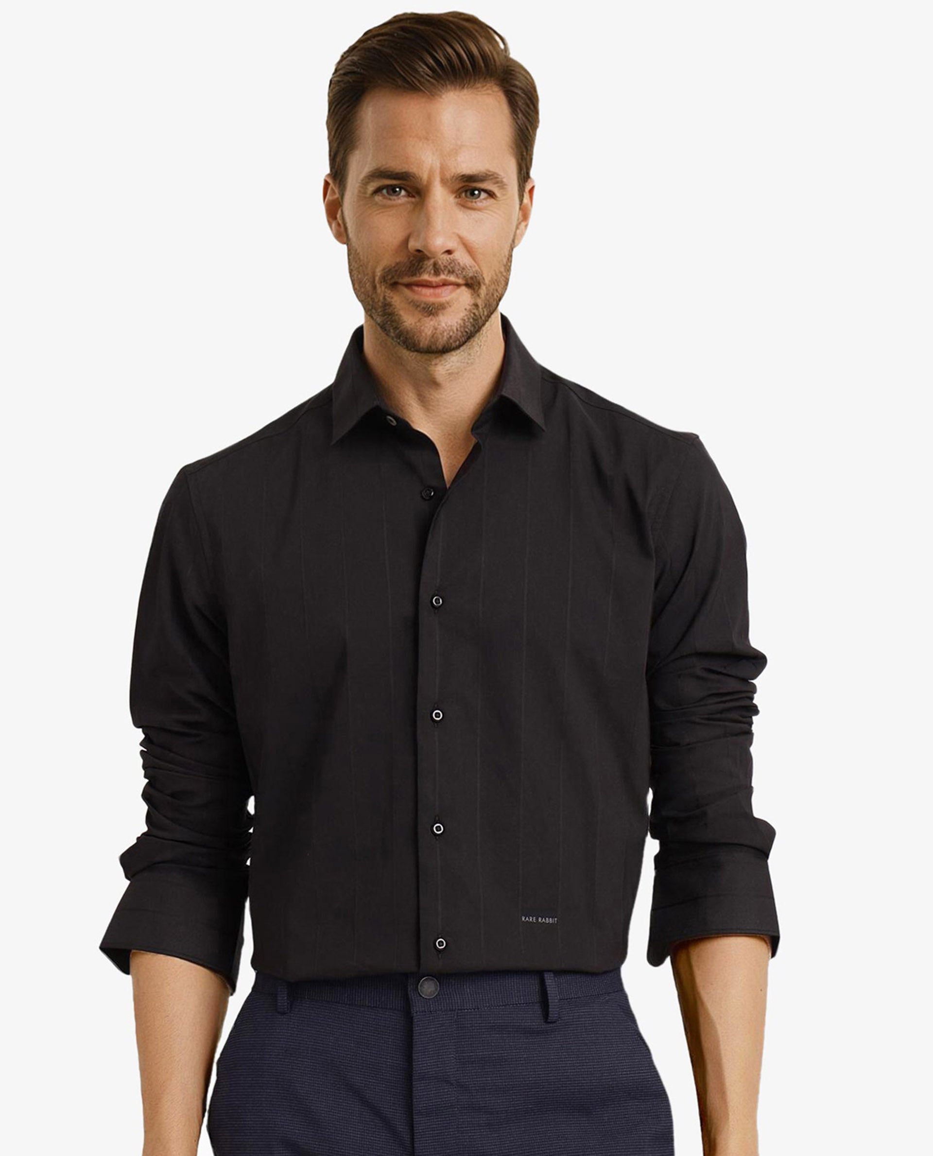 Rare Rabbit Men Vista-1 Black Cotton Polyester Lycra Fabric Full Sleeve Regular Collar Self Stripe Dobby Shirt