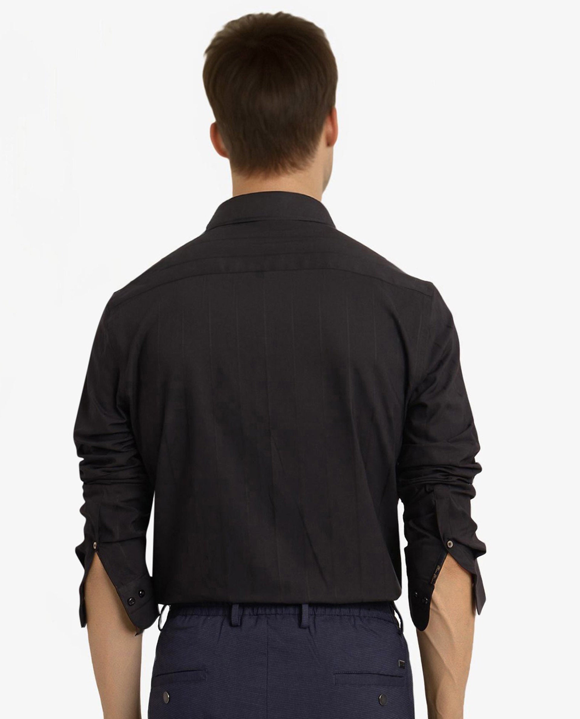 Rare Rabbit Men Vista-1 Black Cotton Polyester Lycra Fabric Full Sleeve Regular Collar Self Stripe Dobby Shirt