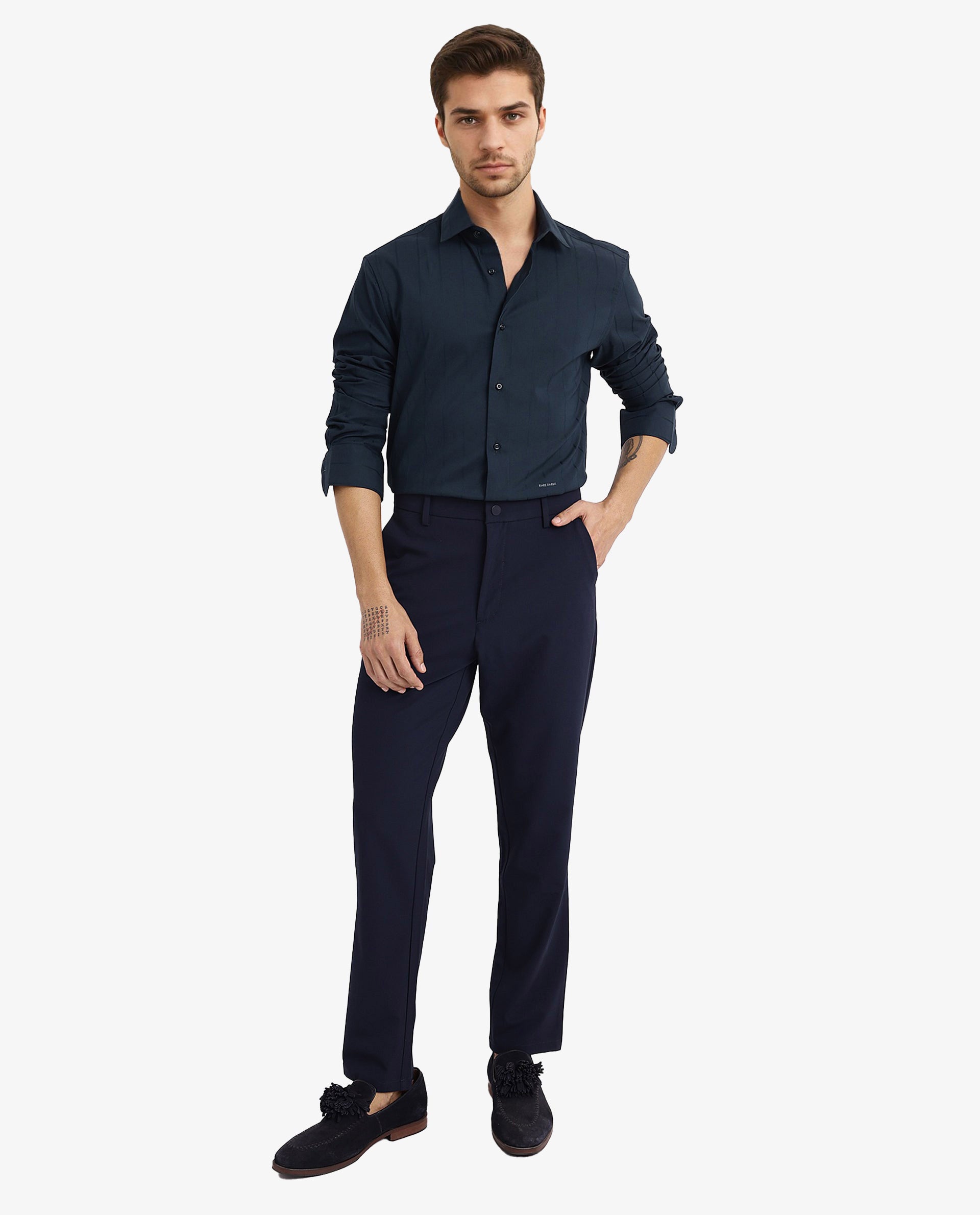 Rare Rabbit Men Vista-1 Dark Petrol Cotton Polyester Lycra Fabric Full Sleeve Regular Collar Self Stripe Dobby Shirt