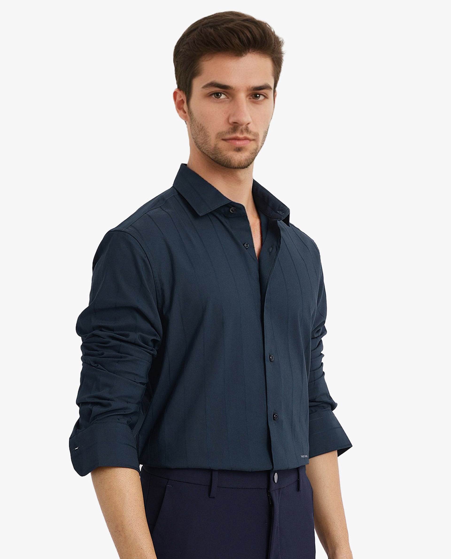 Rare Rabbit Men Vista-1 Dark Petrol Cotton Polyester Lycra Fabric Full Sleeve Regular Collar Self Stripe Dobby Shirt