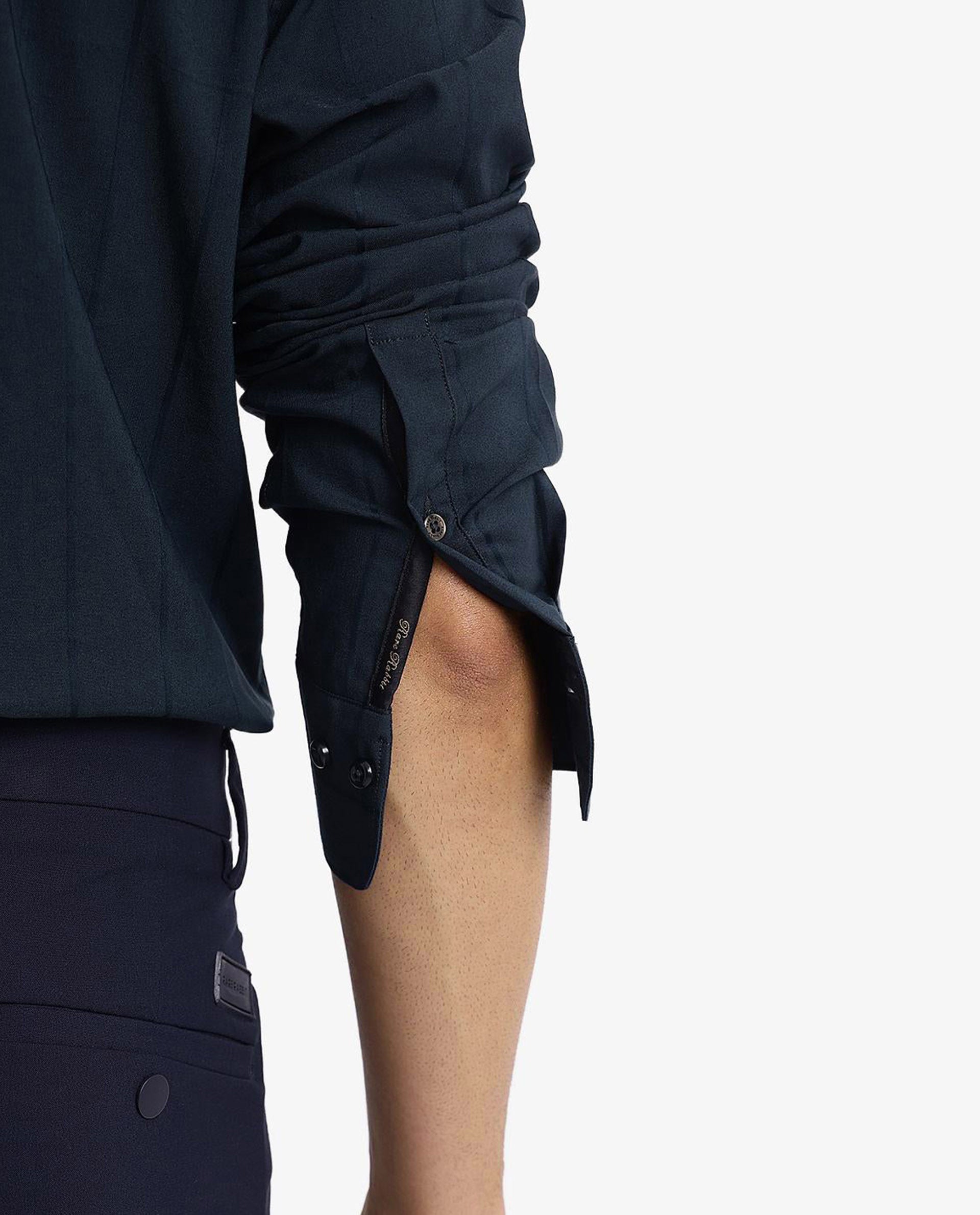 Rare Rabbit Men Vista-1 Dark Petrol Cotton Polyester Lycra Fabric Full Sleeve Regular Collar Self Stripe Dobby Shirt