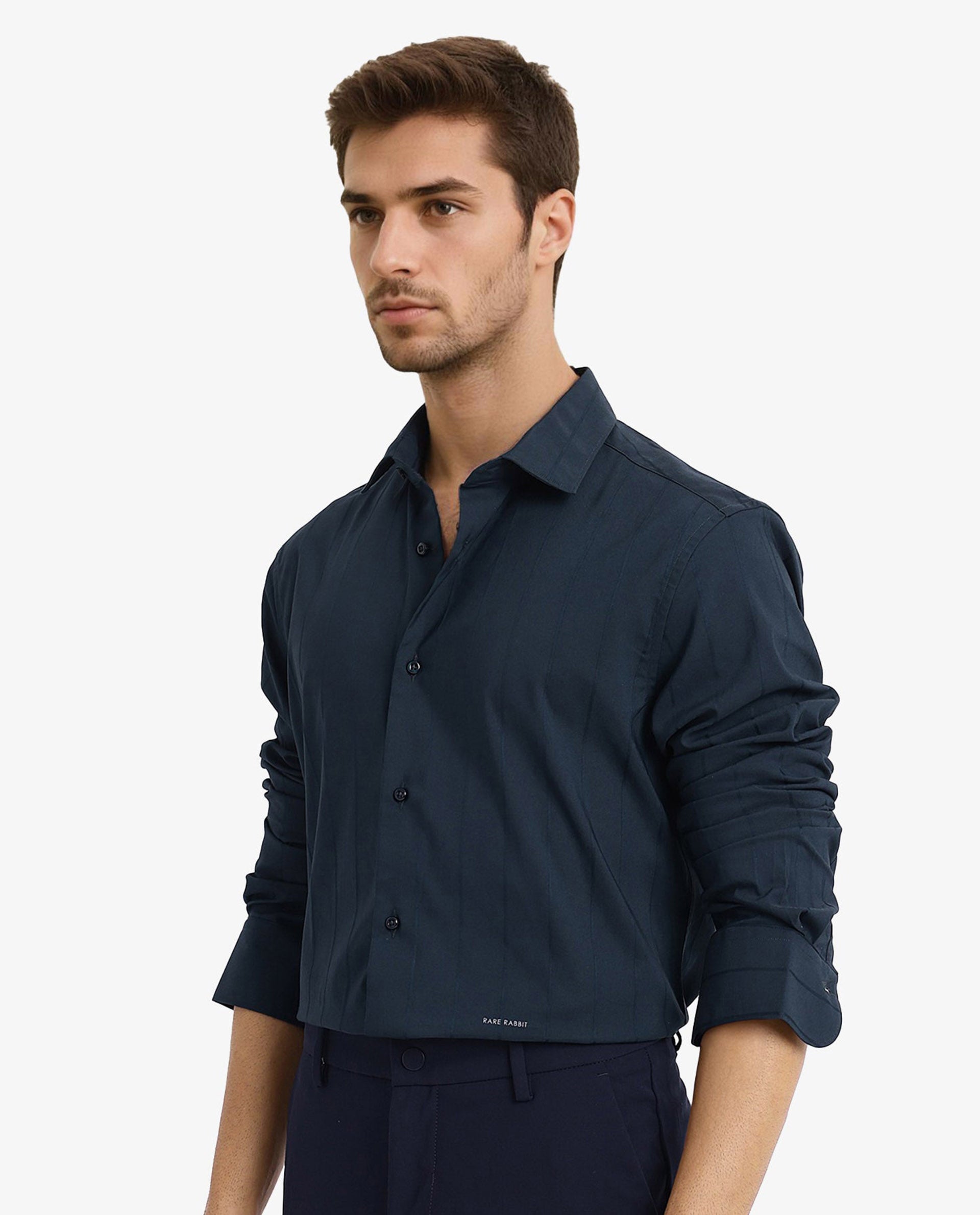 Rare Rabbit Men Vista-1 Dark Petrol Cotton Polyester Lycra Fabric Full Sleeve Regular Collar Self Stripe Dobby Shirt