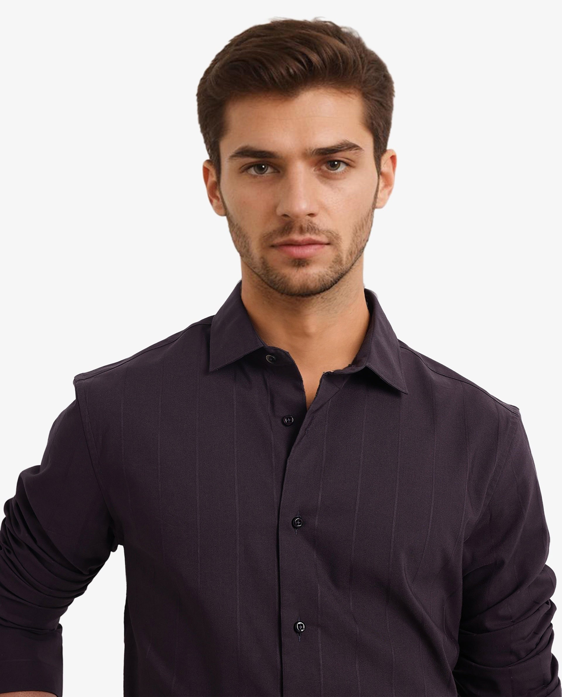 Rare Rabbit Men Vista-1 Dark Purple Cotton Polyester Lycra Fabric Full Sleeve Regular Collar Self Stripe Dobby Shirt