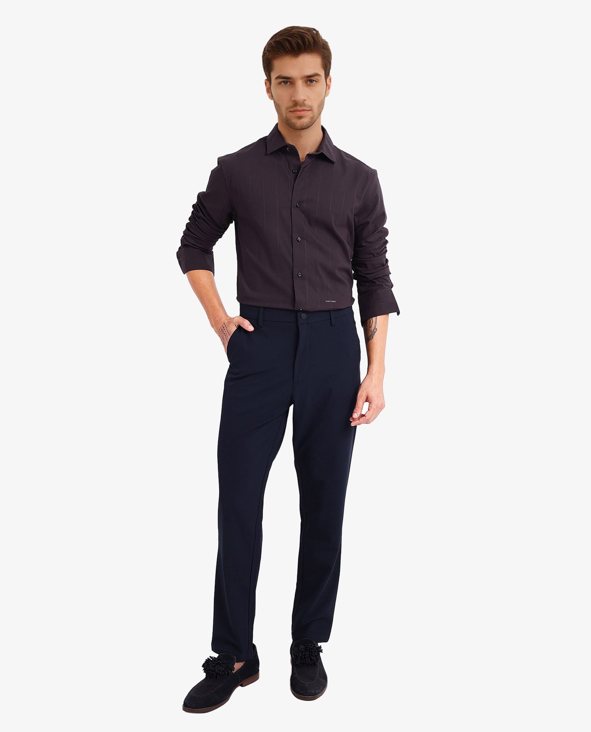 Rare Rabbit Men Vista-1 Dark Purple Cotton Polyester Lycra Fabric Full Sleeve Regular Collar Self Stripe Dobby Shirt