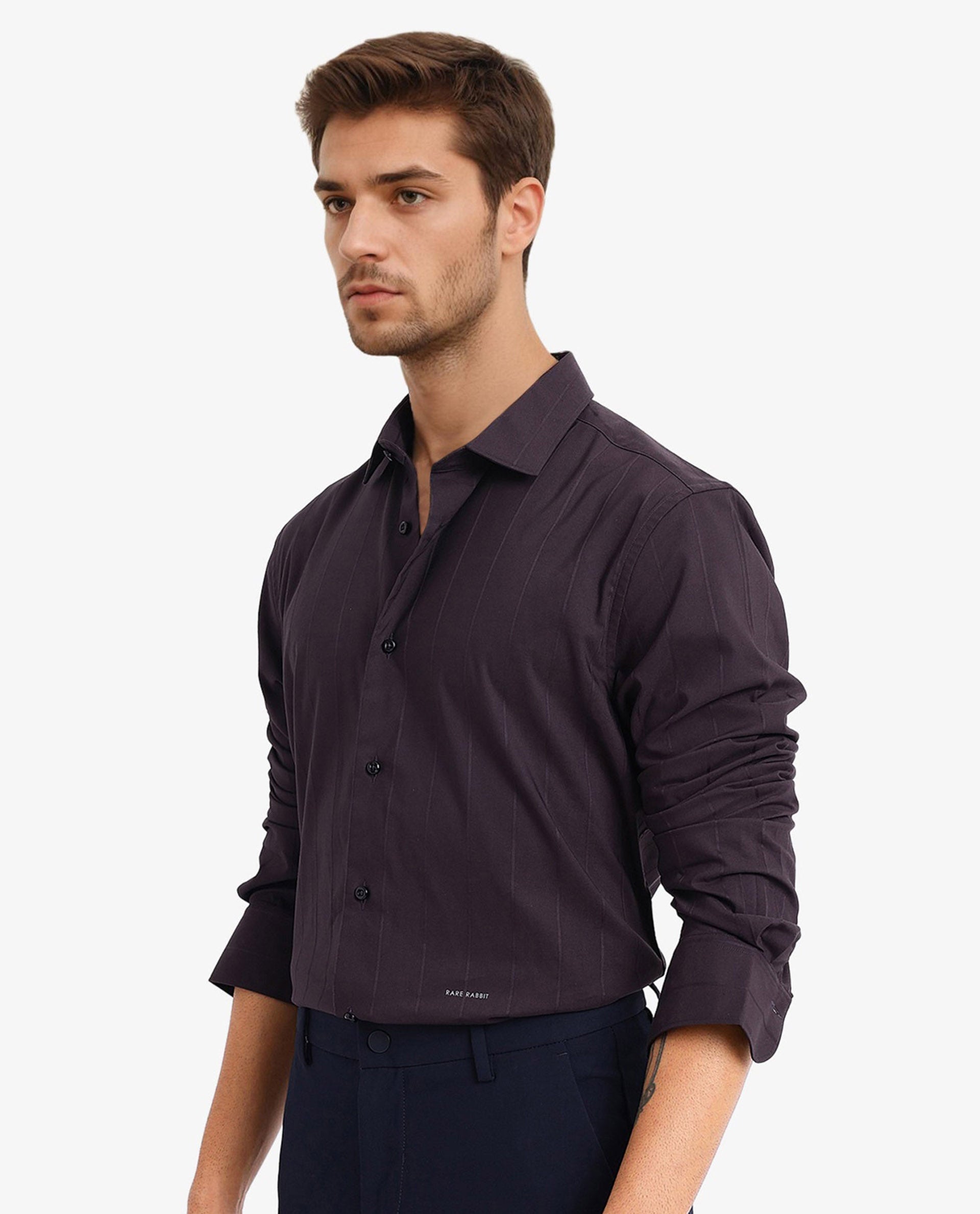 Rare Rabbit Men Vista-1 Dark Purple Cotton Polyester Lycra Fabric Full Sleeve Regular Collar Self Stripe Dobby Shirt