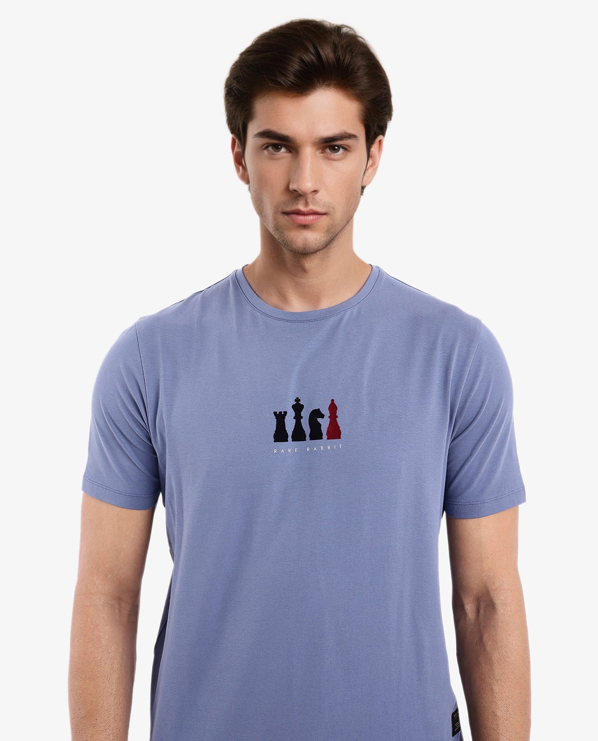 Rare Rabbit Men Vital Dusky Blue Cotton Lycra Fabric Short Sleeve Crew Neck Regular Fit Graphic Flock Print T-Shirt