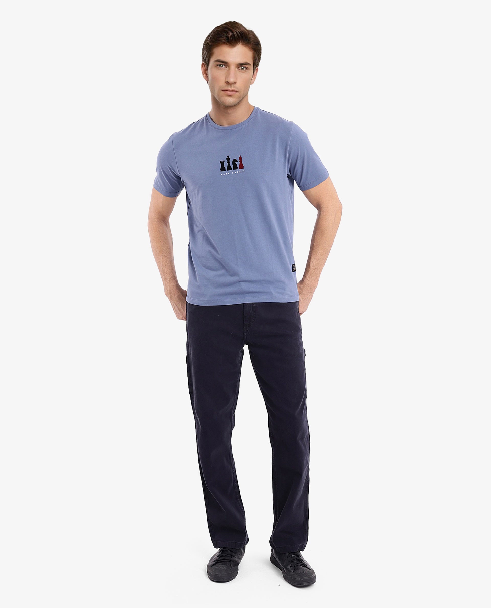 Rare Rabbit Men Vital Dusky Blue Cotton Lycra Fabric Short Sleeve Crew Neck Regular Fit Graphic Flock Print T-Shirt