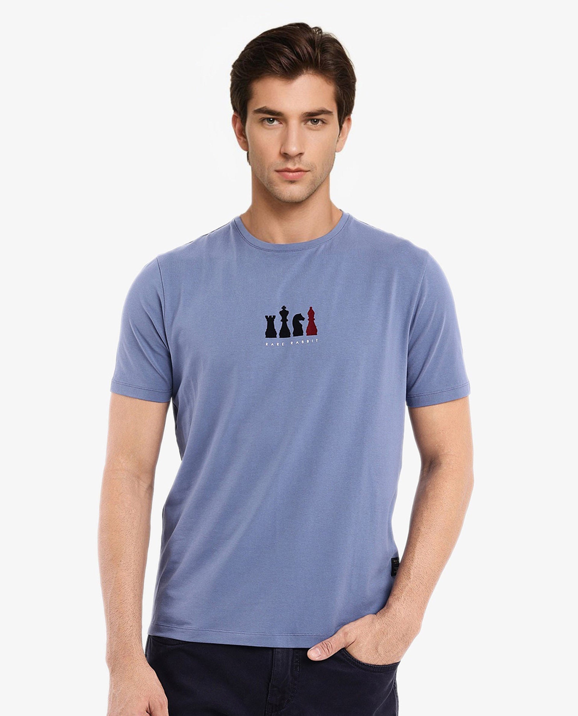 Rare Rabbit Men Vital Dusky Blue Cotton Lycra Fabric Short Sleeve Crew Neck Regular Fit Graphic Flock Print T-Shirt