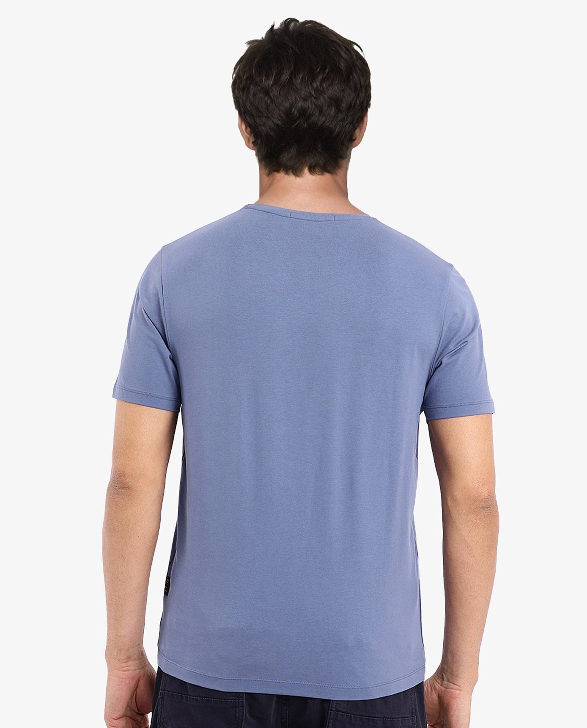 Rare Rabbit Men Vital Dusky Blue Cotton Lycra Fabric Short Sleeve Crew Neck Regular Fit Graphic Flock Print T-Shirt