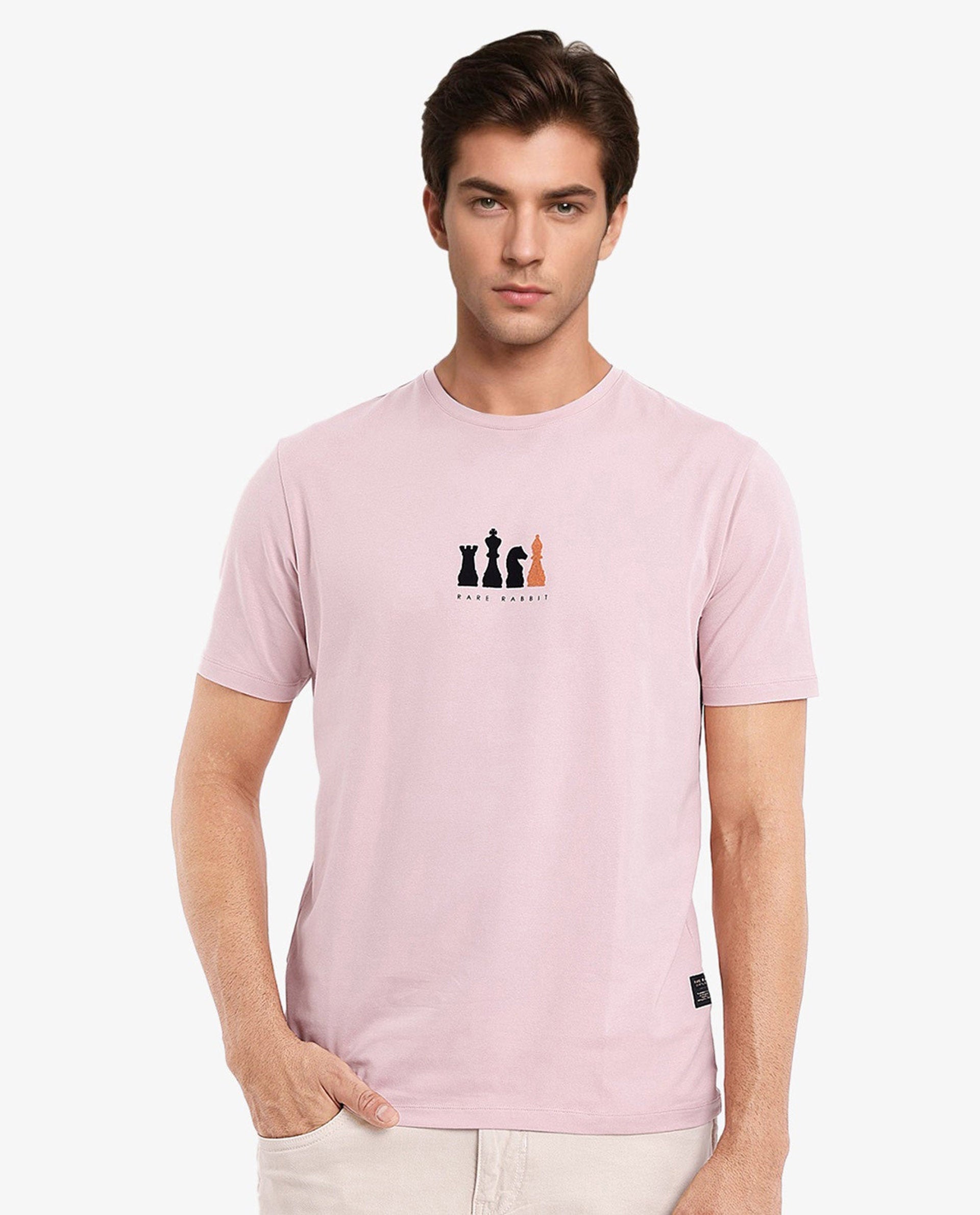 Rare Rabbit Men Vital Light Pink Cotton Lycra Fabric Short Sleeve Crew Neck Regular Fit Graphic Flock Print T-Shirt