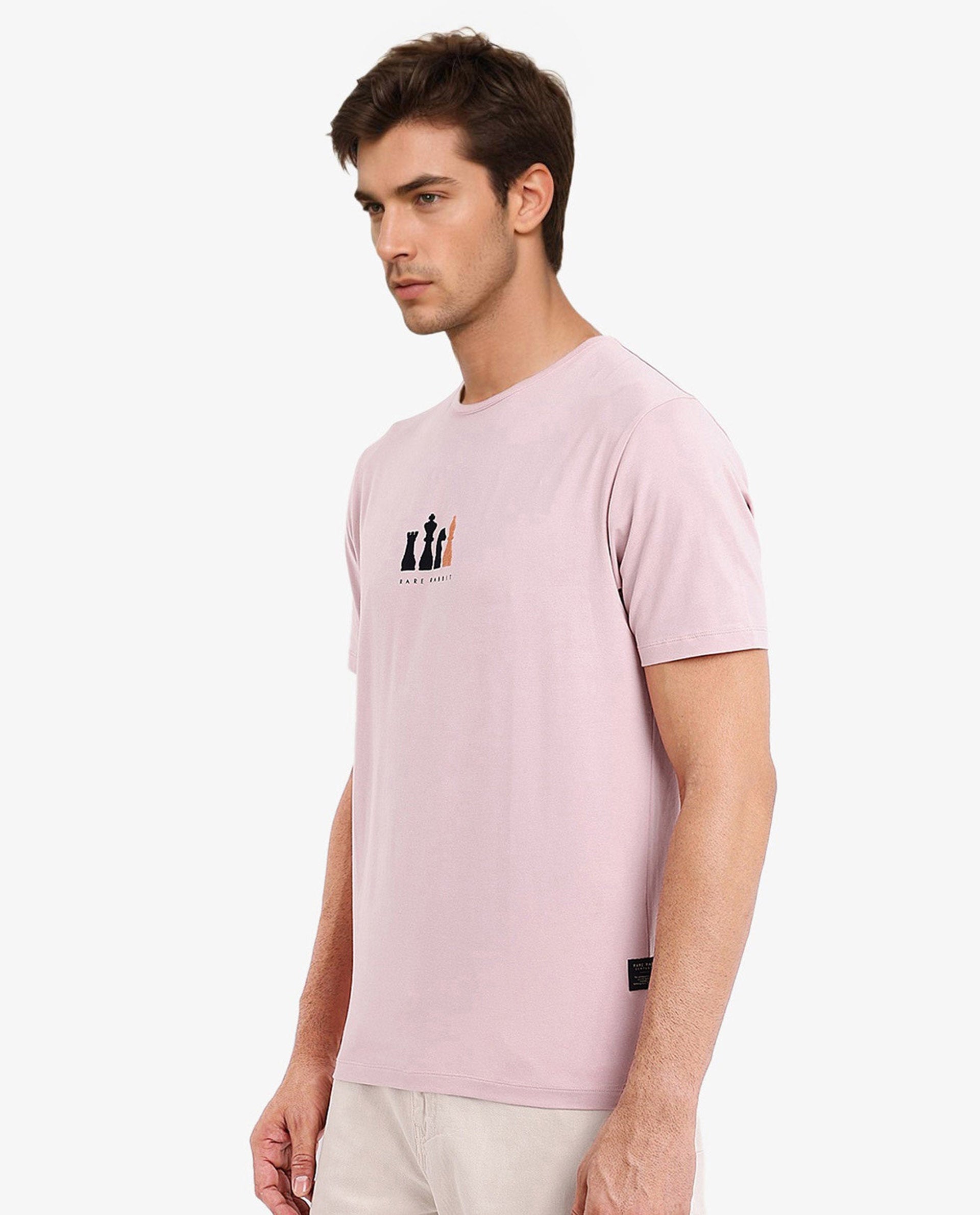 Rare Rabbit Men Vital Light Pink Cotton Lycra Fabric Short Sleeve Crew Neck Regular Fit Graphic Flock Print T-Shirt