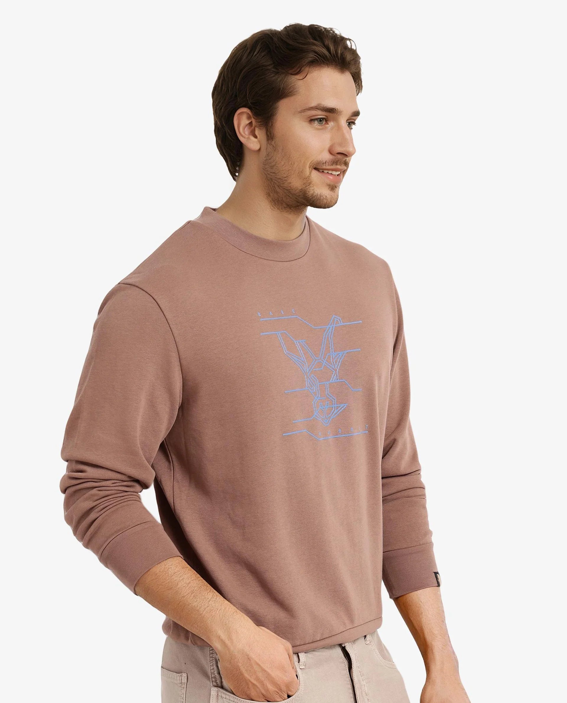 Rare Rabbit Men Viton Dusky Brown Cotton Poly Fabric Full Sleeve Crew Neck Plain Sweatshirt