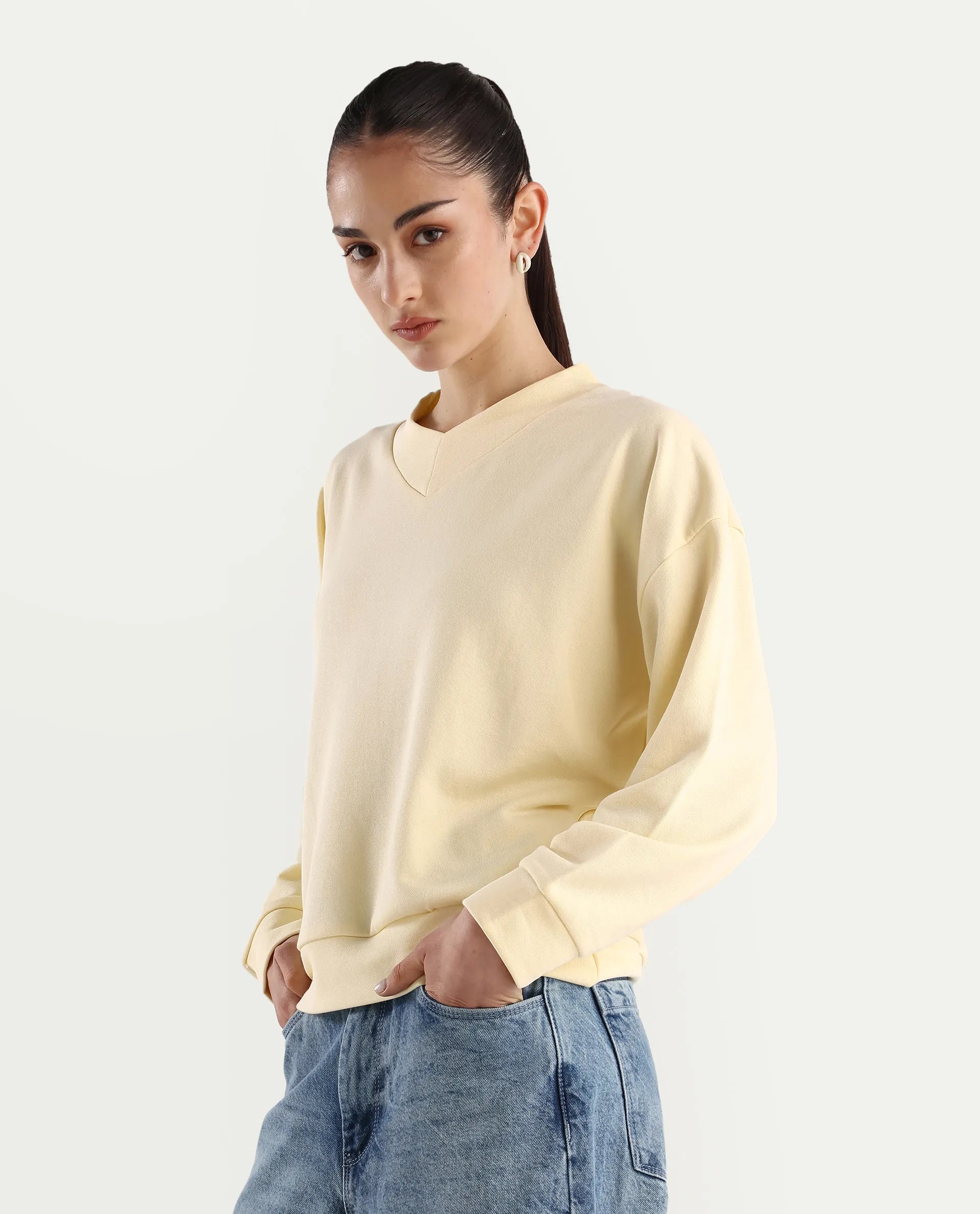 Rareism Women's Vitoo Light Yellow Cotton Blend Crew Neck Plain Relaxed Fit Sweatshirt