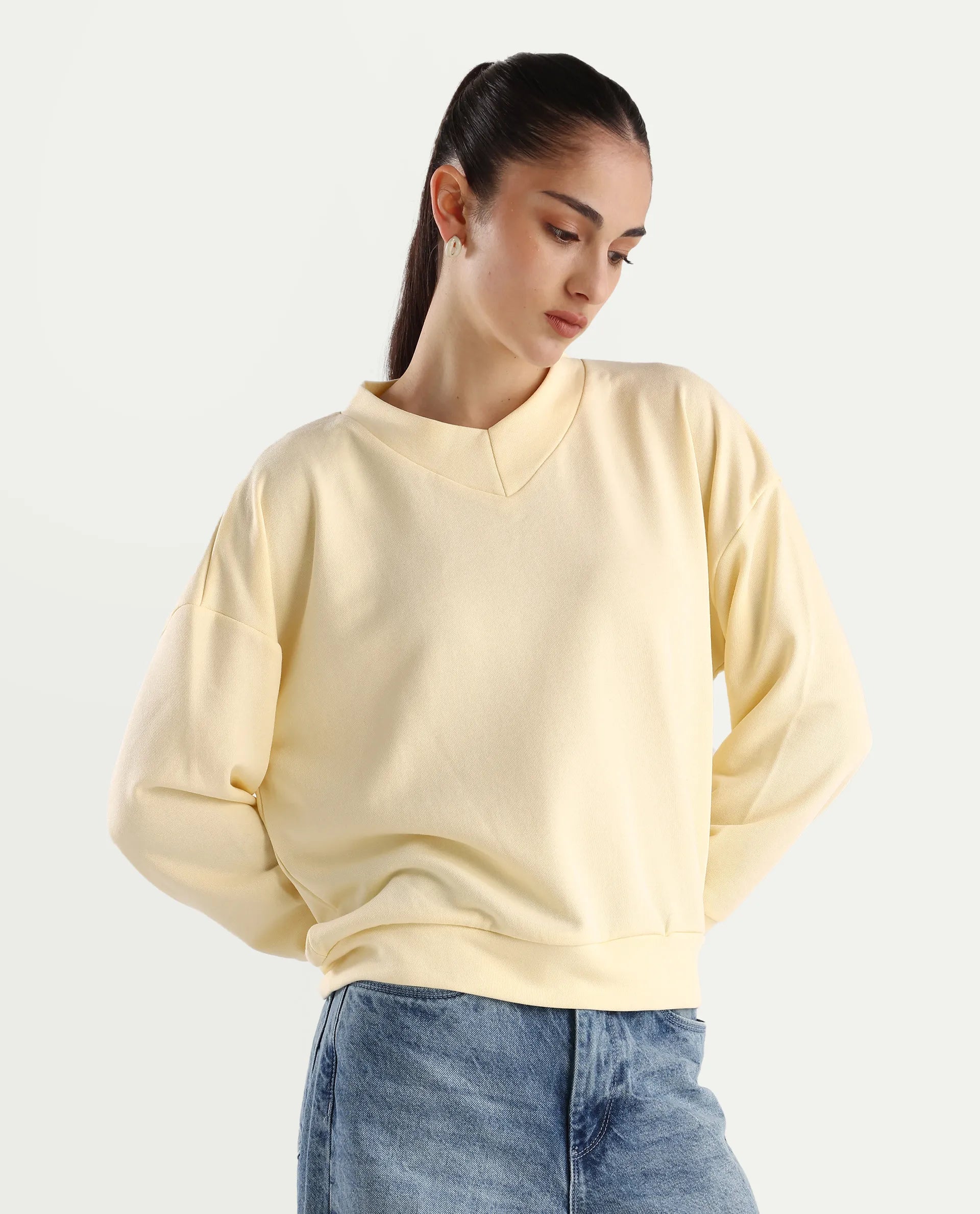 Rareism Women's Vitoo Light Yellow Cotton Blend Crew Neck Plain Relaxed Fit Sweatshirt