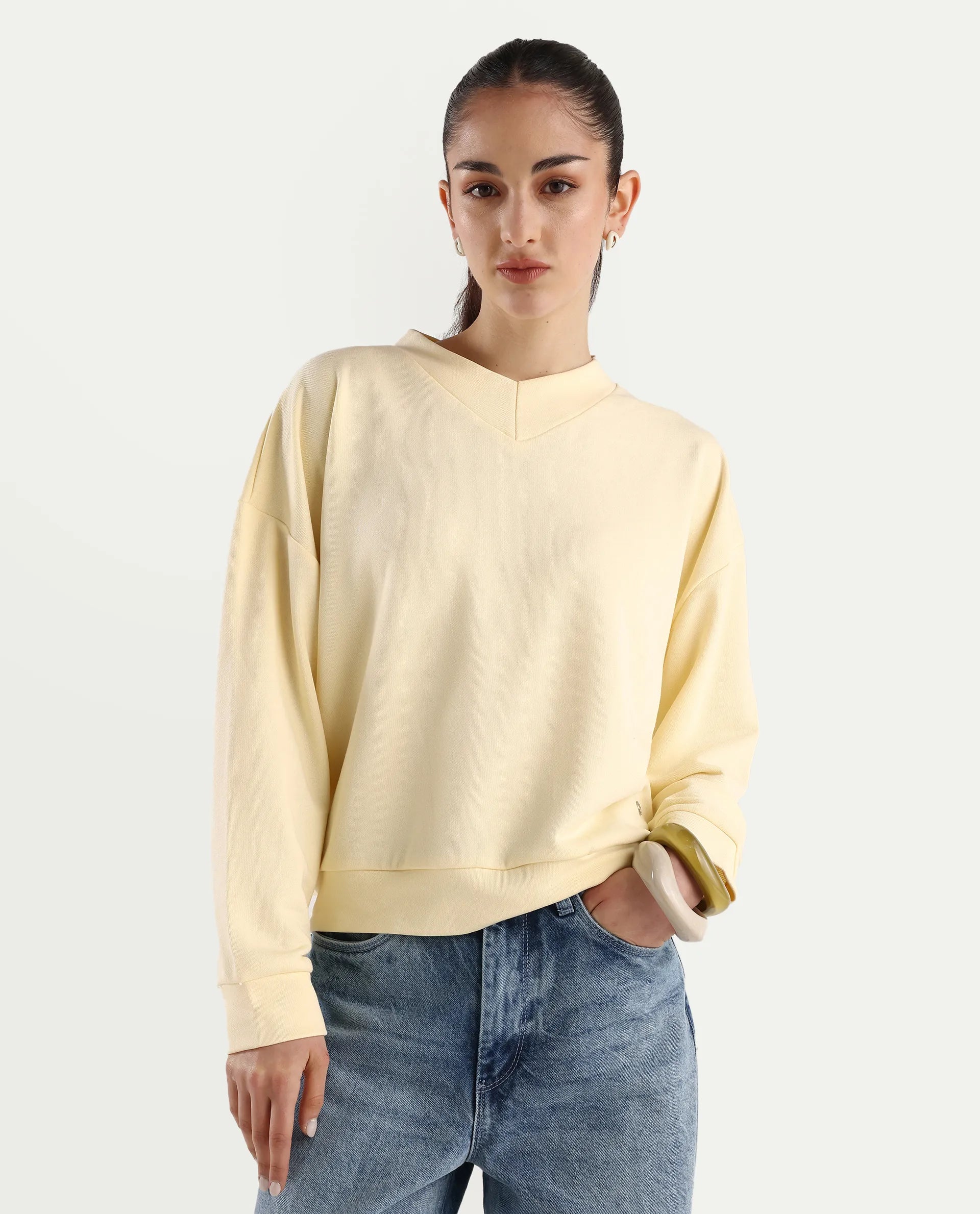 Rareism Women's Vitoo Light Yellow Cotton Blend Crew Neck Plain Relaxed Fit Sweatshirt