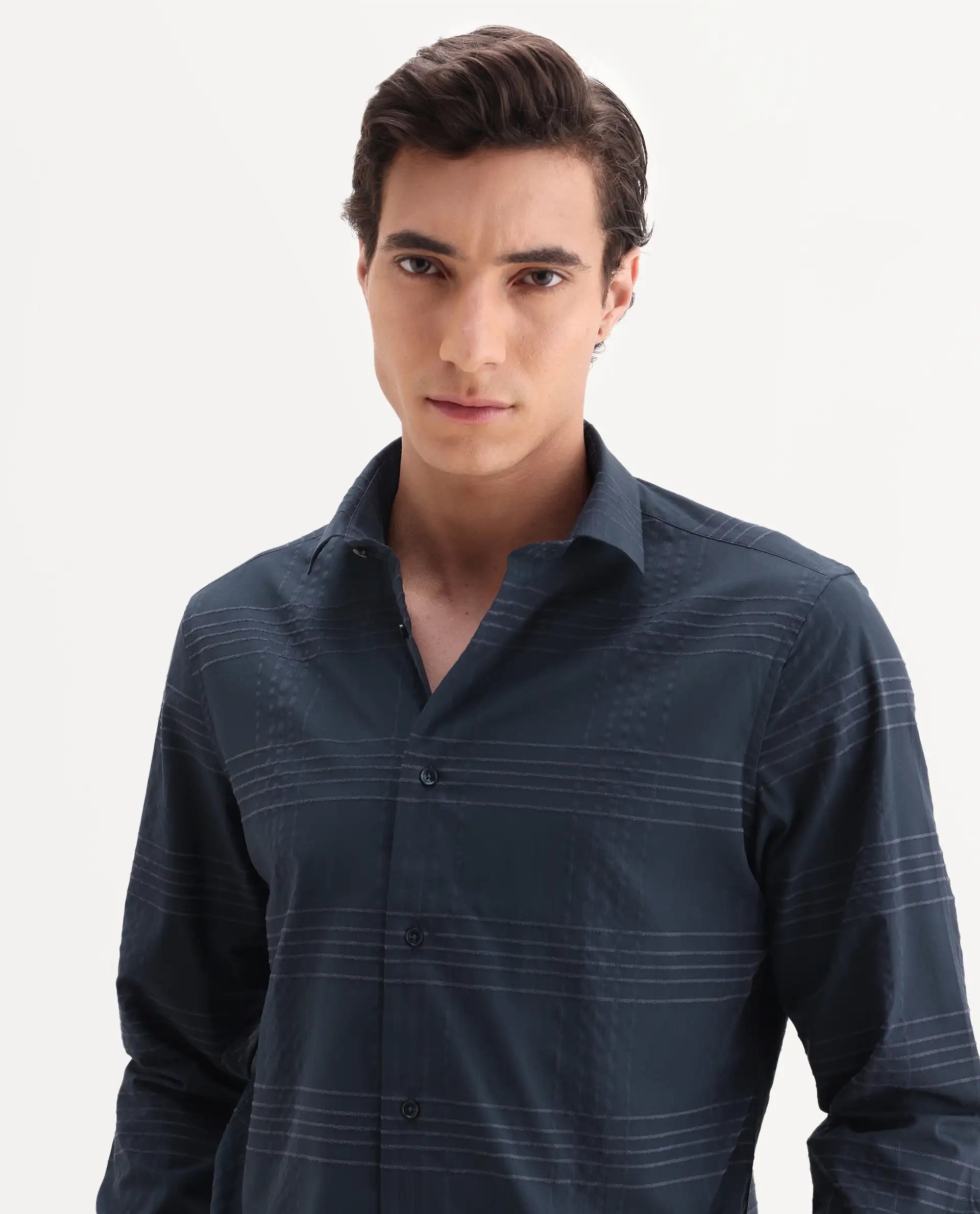 Rare Rabbit Men's Vola-25 Dark Navy Cotton Fabric Full Sleeve Regular Fit Checked Shirt