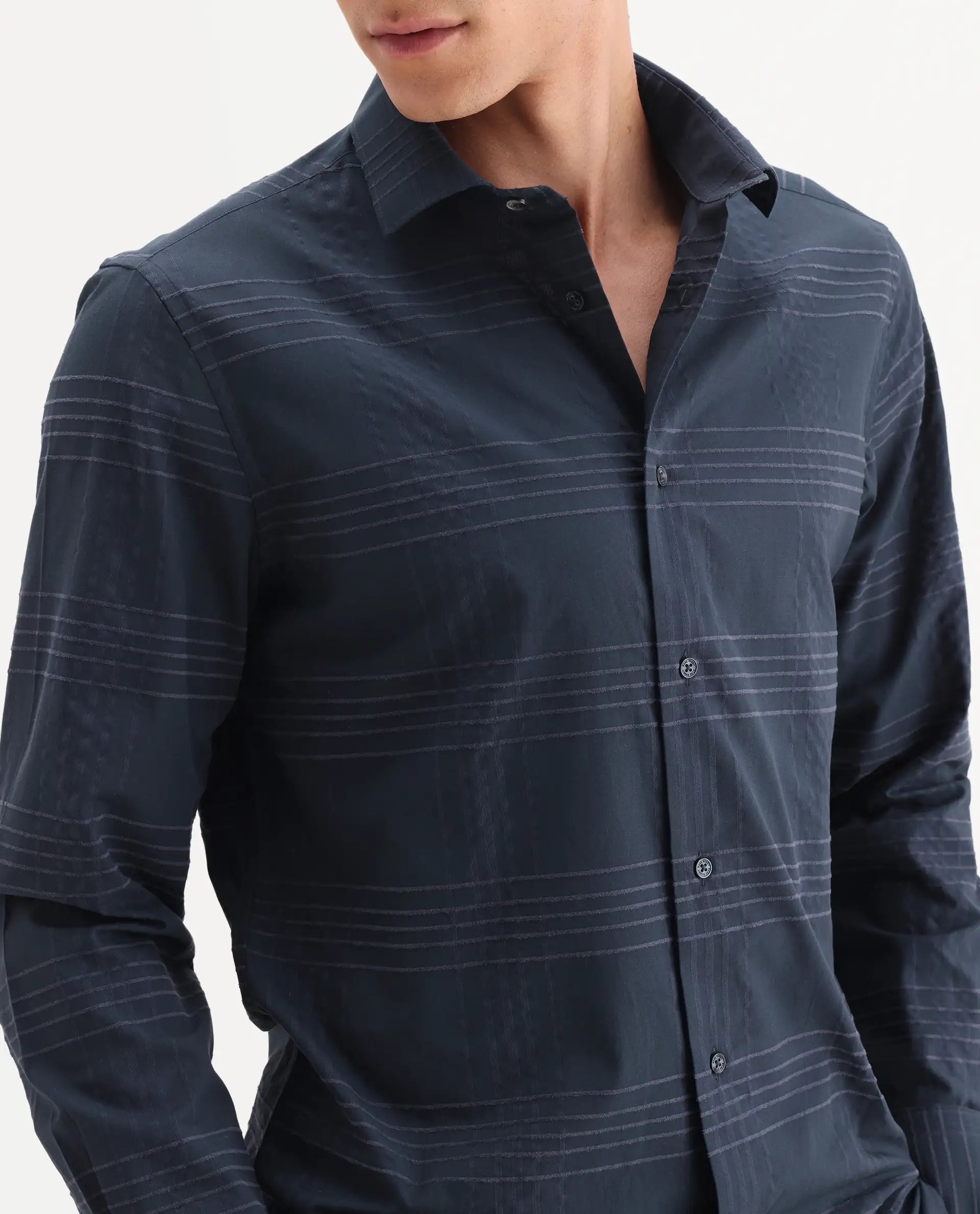 Rare Rabbit Men's Vola-25 Dark Navy Cotton Fabric Full Sleeve Regular Fit Checked Shirt